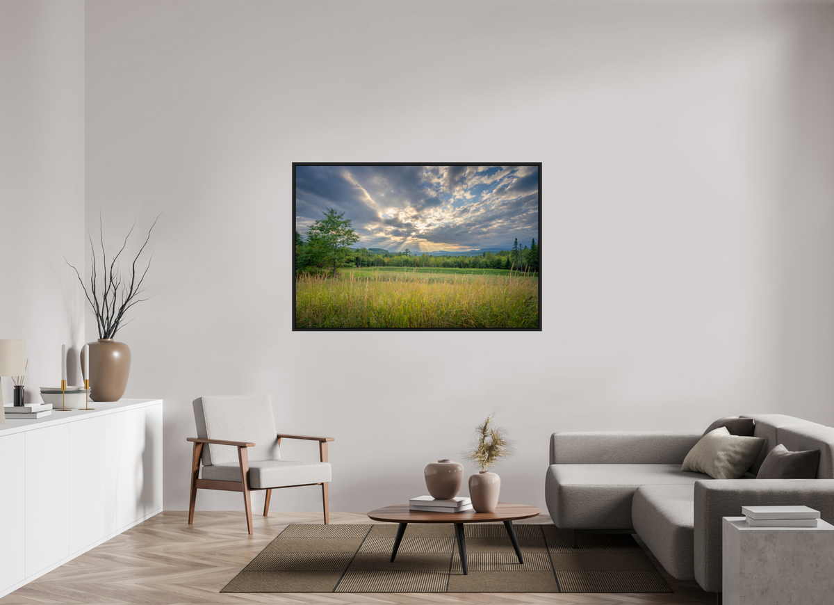 60 x 40″, Premium ChromaLuxe HD Aluminum Metal Print with Black Wood Floater Frame Mountain Sun Rays