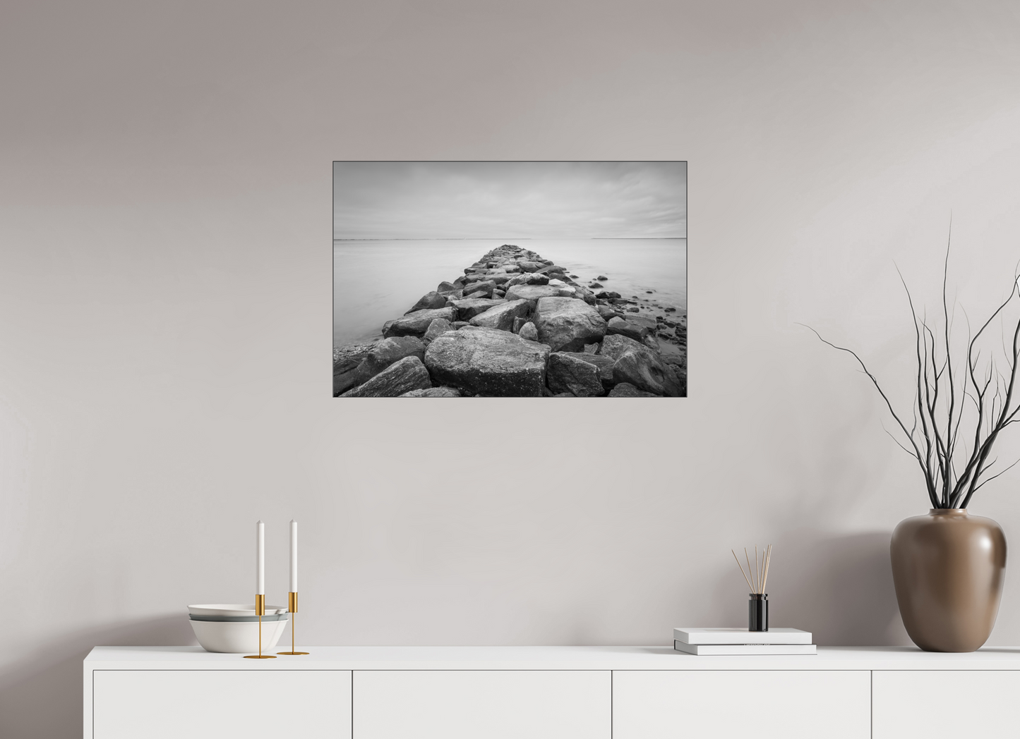 30 x 20″, Photo Print under Acrylic Glass with Black Slimline Case Sand Hill Cove Rocks