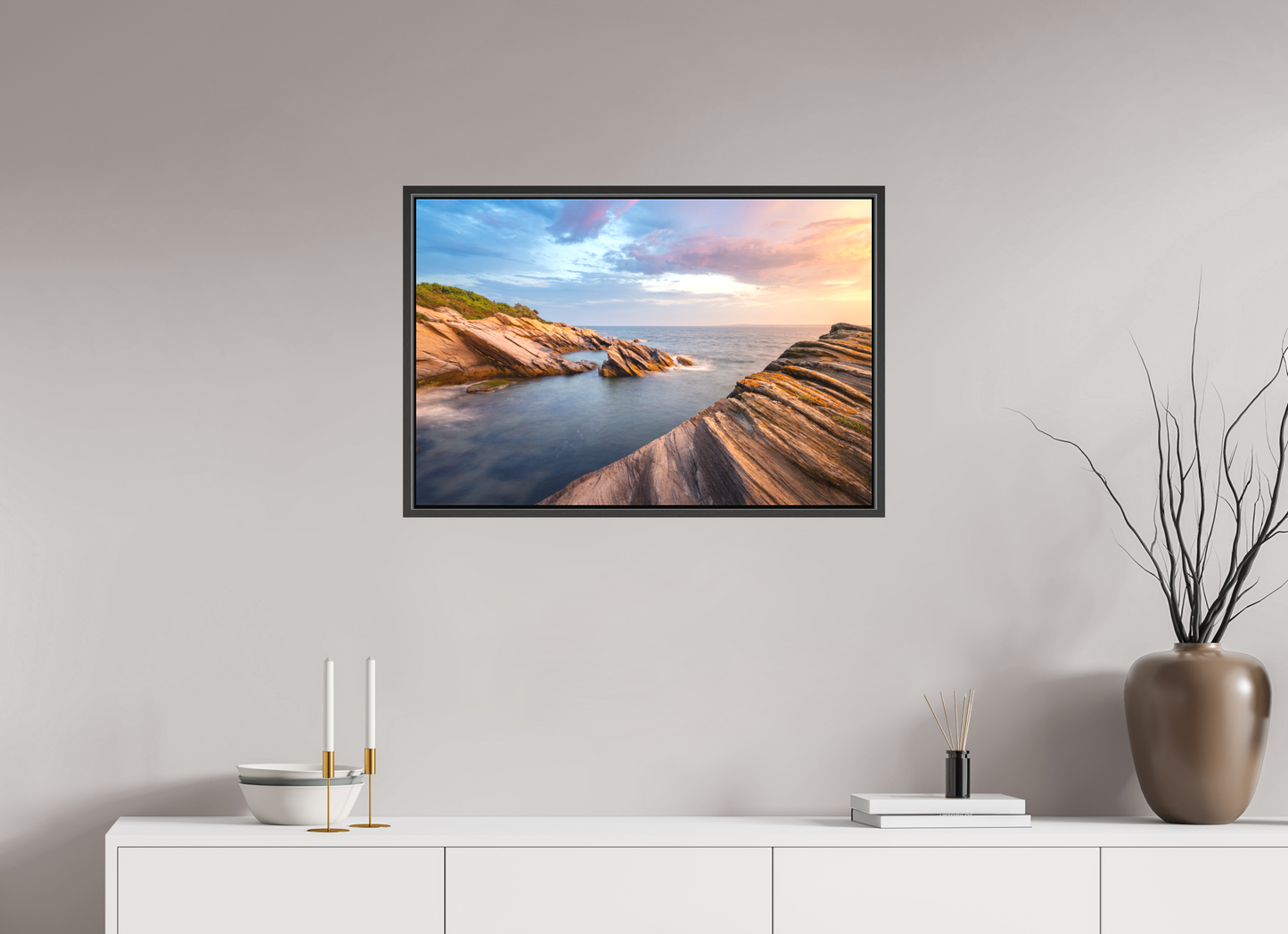 30 x 20″, Matte Canvas Print with Black Wood Floater Frame Favorite Spot at Beavertail