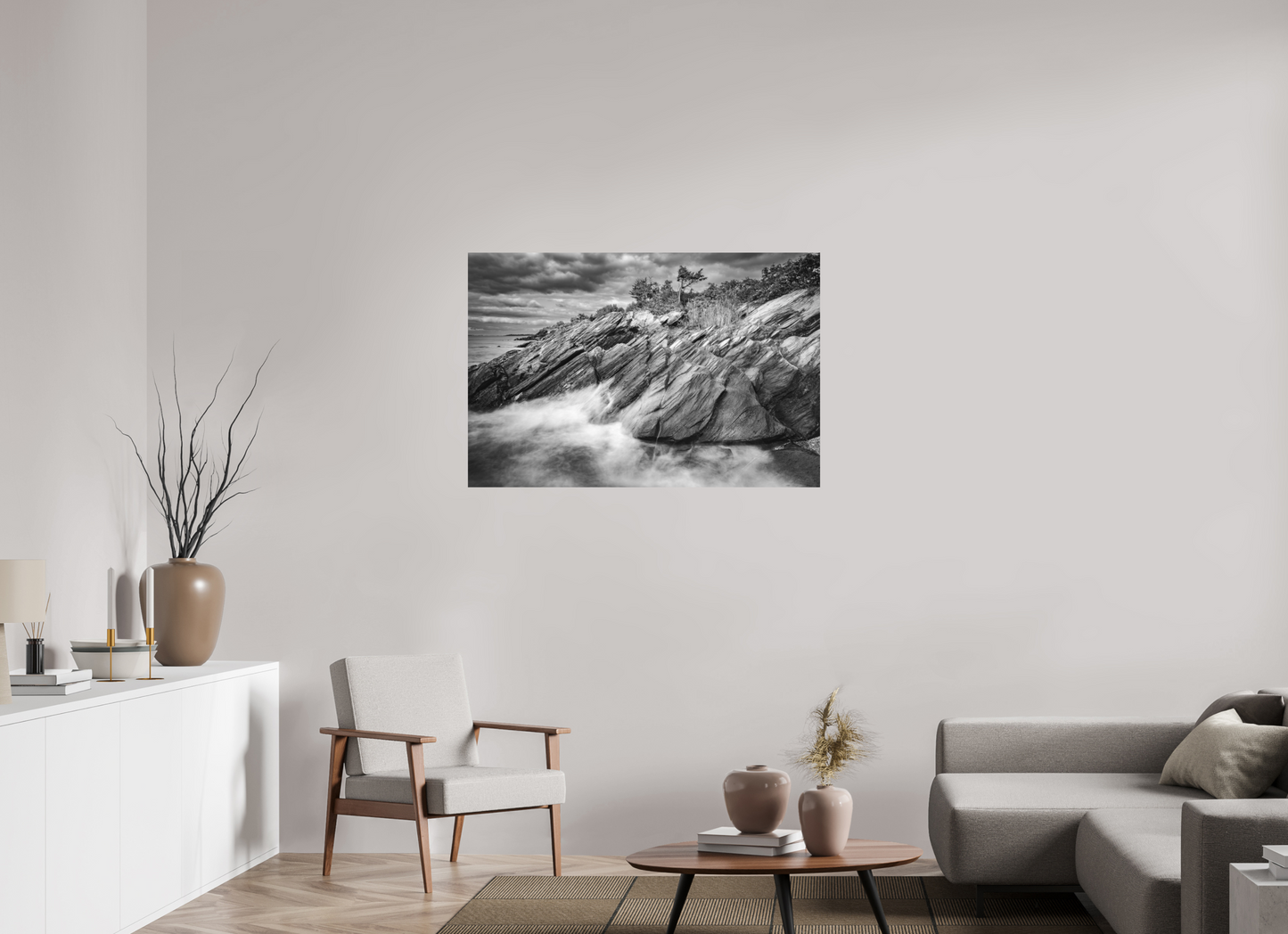 45 x 30″, Matte Photo Print on Fuji Crystal DP II Rough Seas Against Beavertail Cliffs