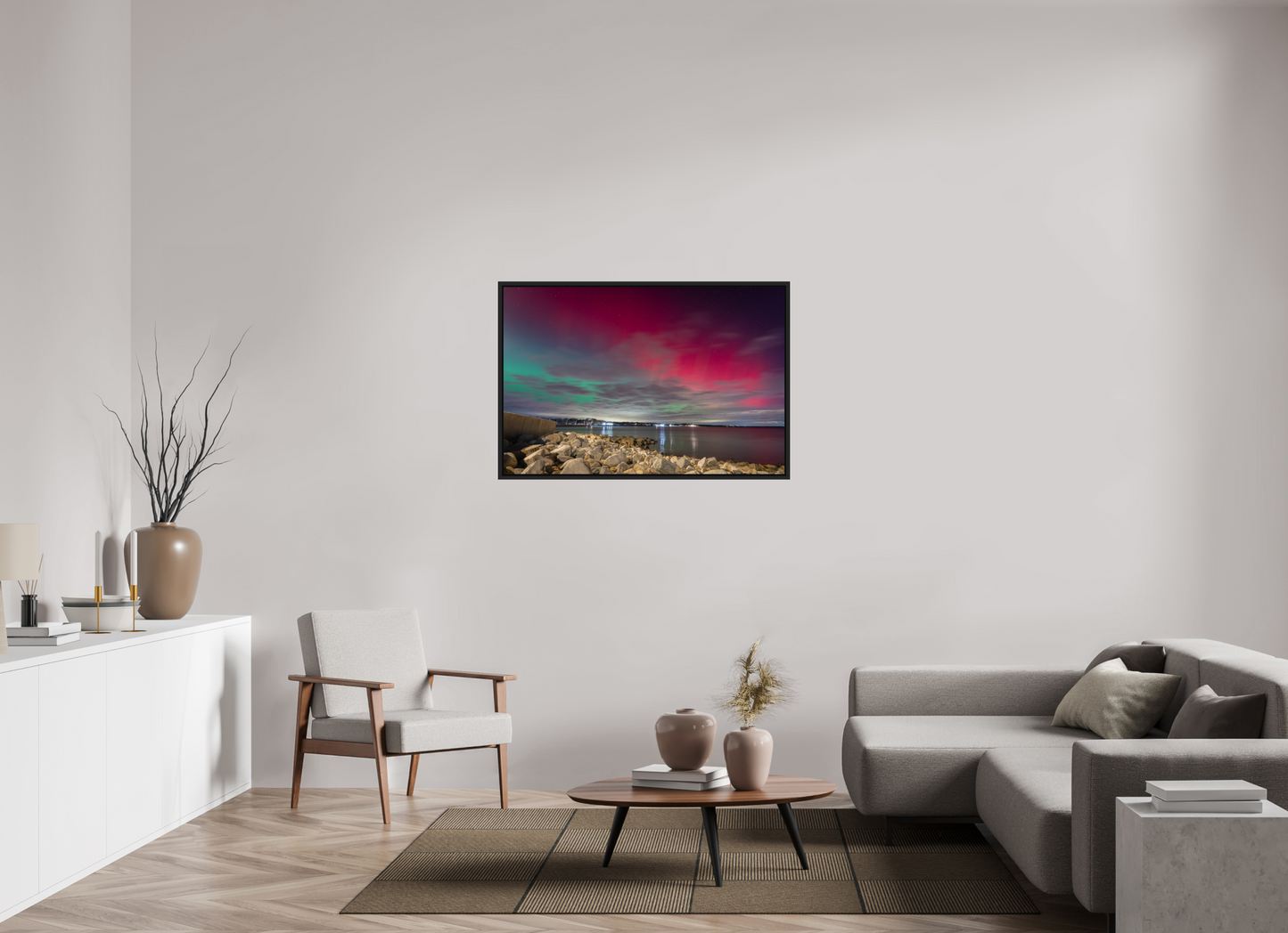 45 x 30″, Premium Photo Print under Acrylic Glass with Black Wood Floater Frame The Aurora Borealis over Narragansett Beach