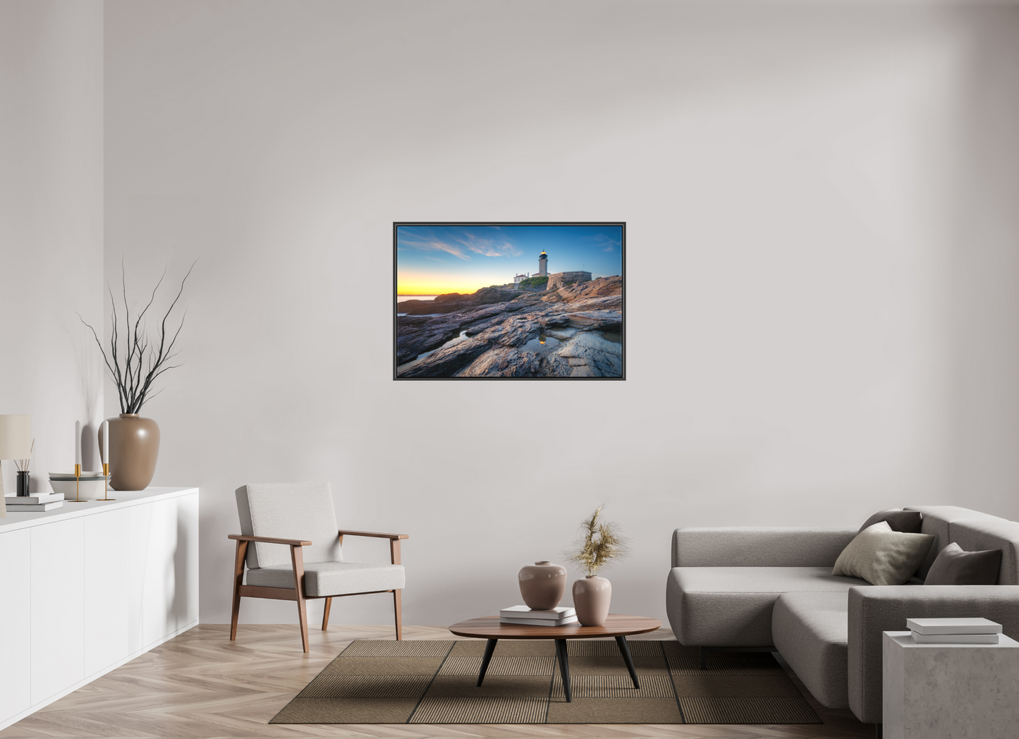 45 x 30″, Matte Canvas Print with Black Wood Floater Frame Beavertail Lighthouse Tide Pool Reflection