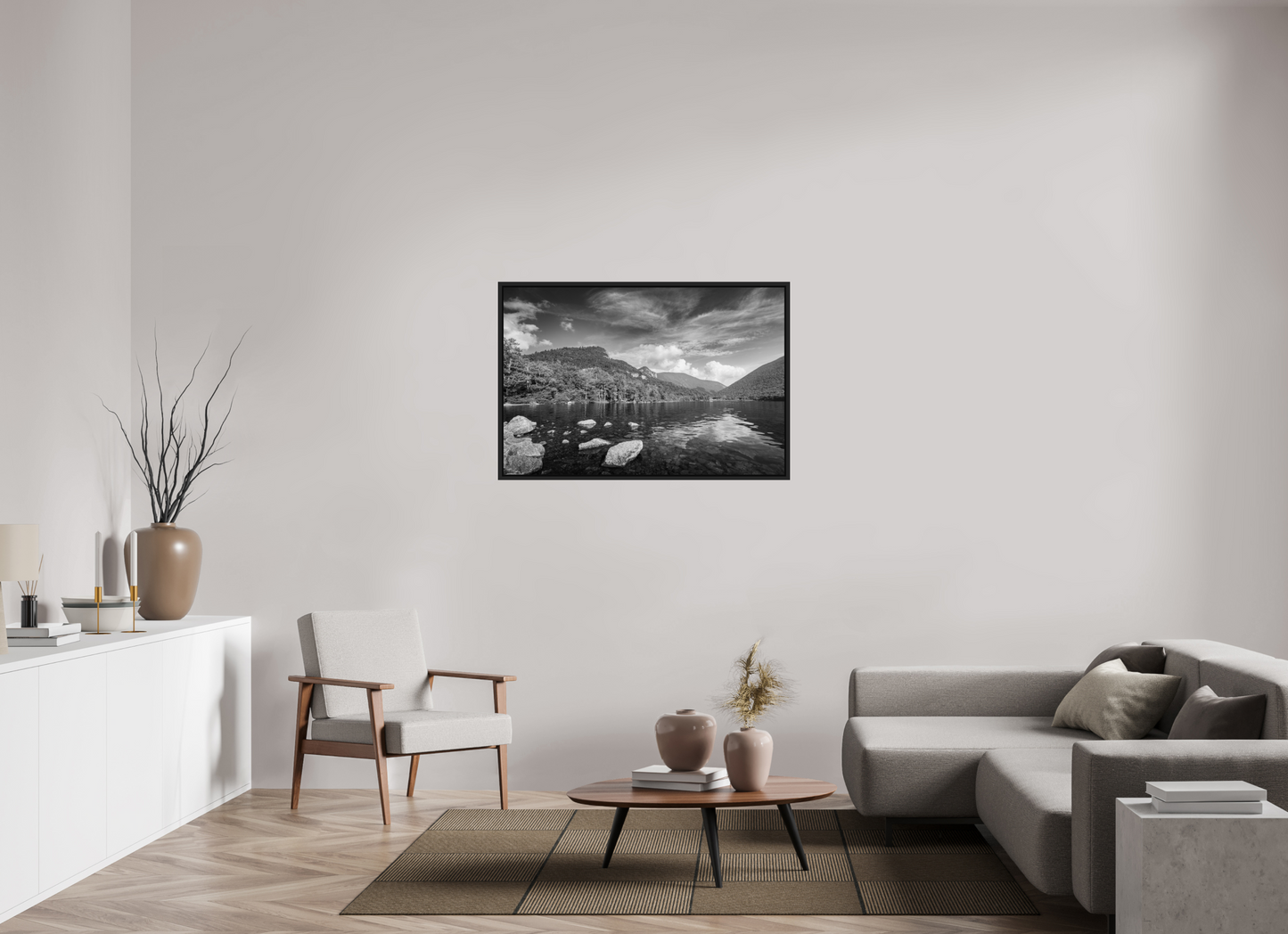 45 x 30″, ChromaLuxe HD Metal Print with Black Wood Floater Frame Overlooking Echo Lake