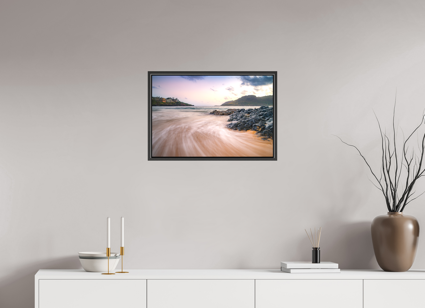 24 x 16″, Matte Canvas Print with Black Wood Floater Frame Waves Retreating