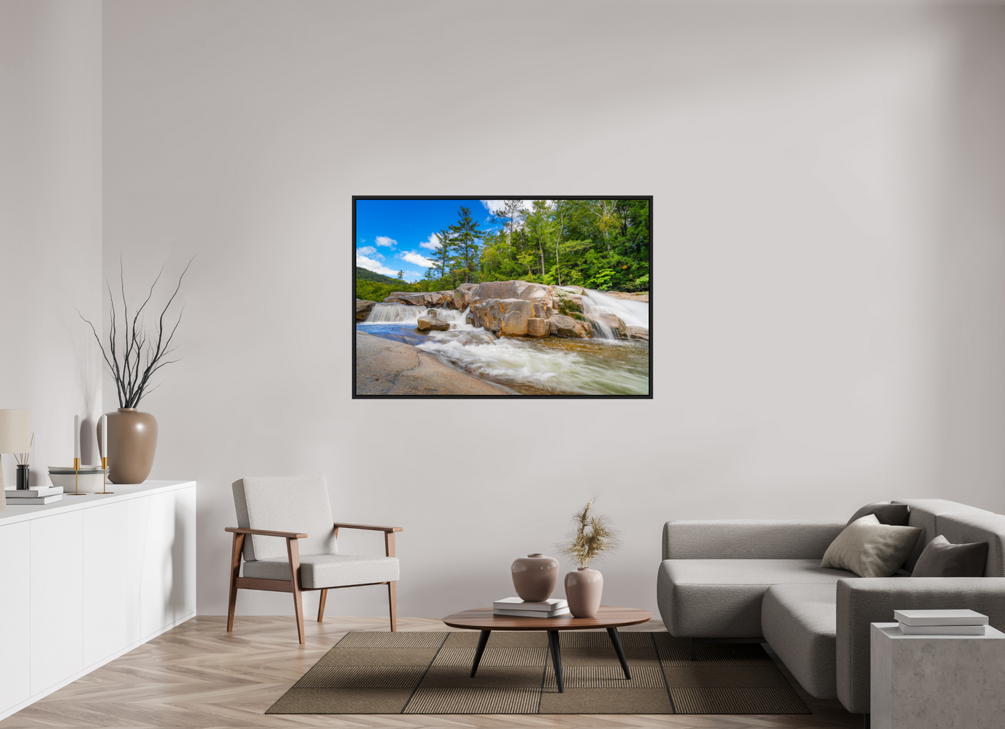 60 x 40″, Photo Print under Acrylic Glass with Black Wood Floater Frame Kancamagus Waterfall