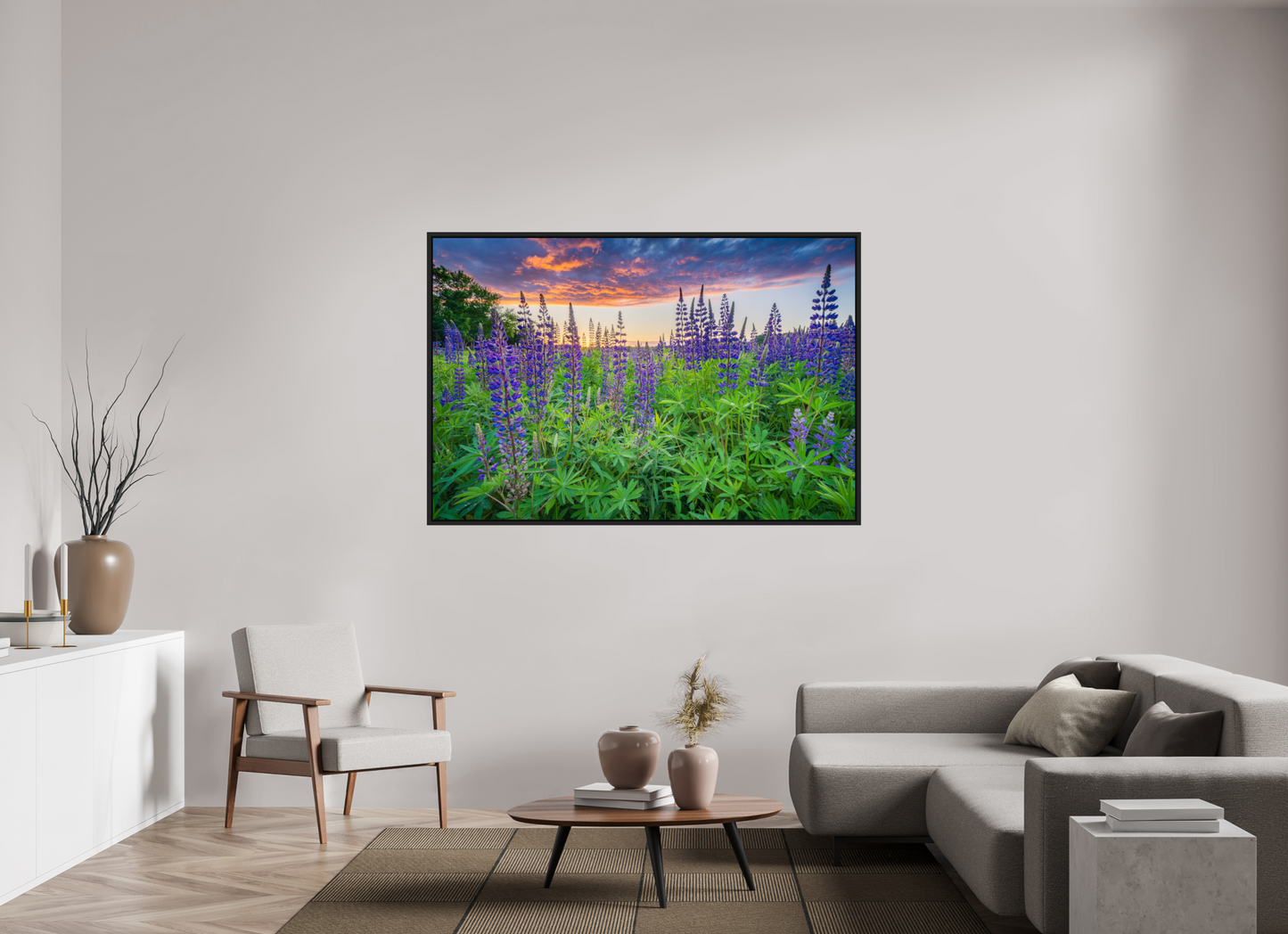 66 x 44″, Premium ChromaLuxe HD Aluminum Metal Print with Black Wood Floater Frame Lupine Sunset