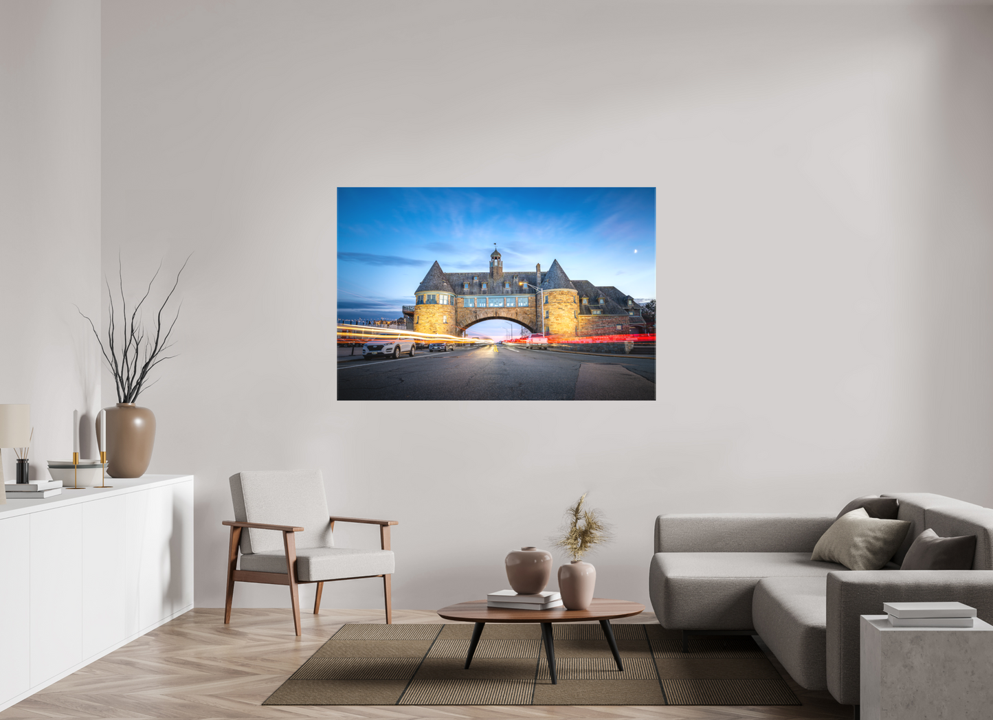 66 x 44″, Matte Canvas Print Narragansett Towers and Light Trails