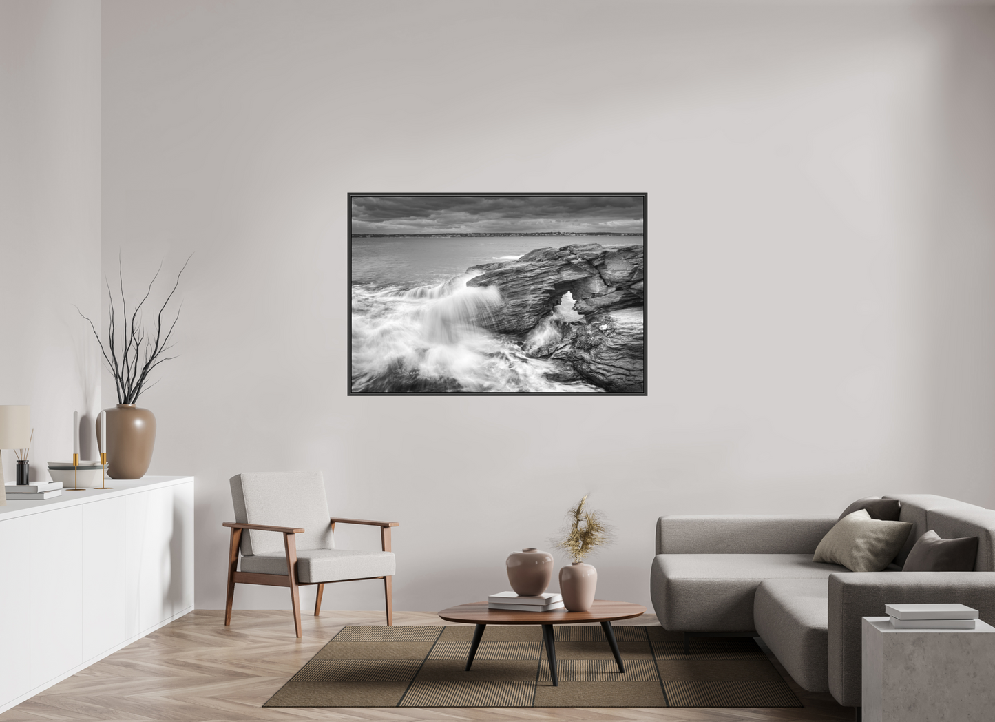 60 x 40″, Matte Canvas Print with Black Wood Floater Frame Waves Over Arches