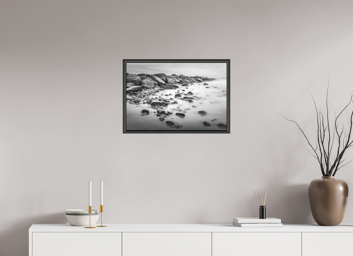 24 x 16″, Matte Canvas Print with Black Wood Floater Frame Overcast Morning at Sand Hill Cove