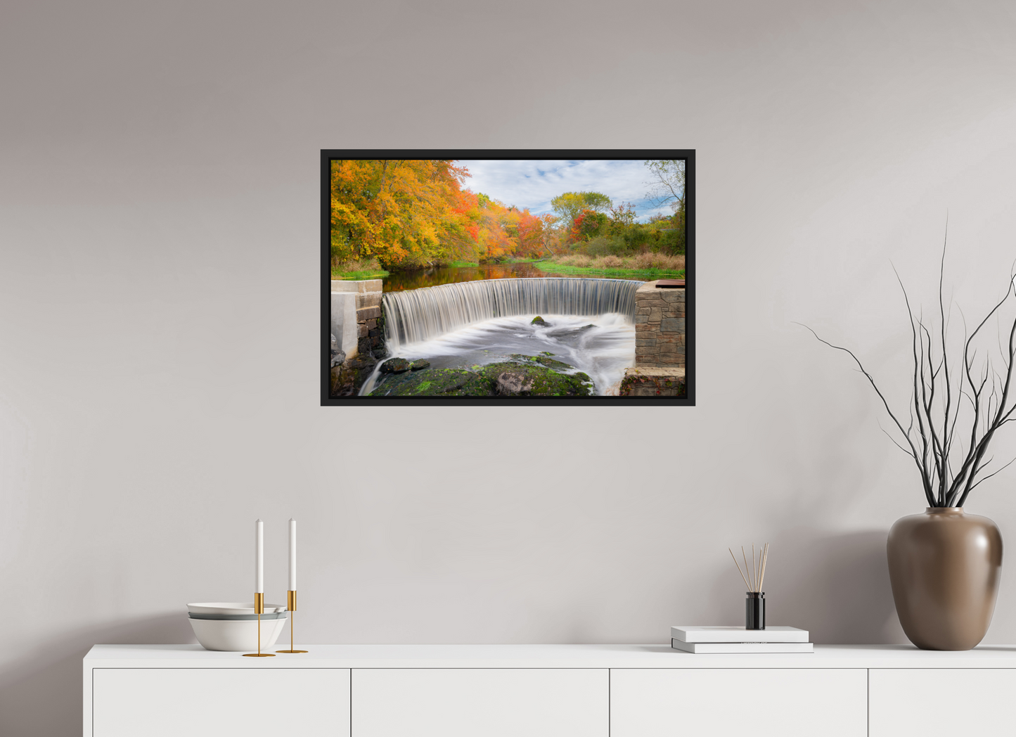 30 x 20″, Photo Print under Acrylic Glass with Black Wood Floater Frame Autumn at Horseshoe Falls