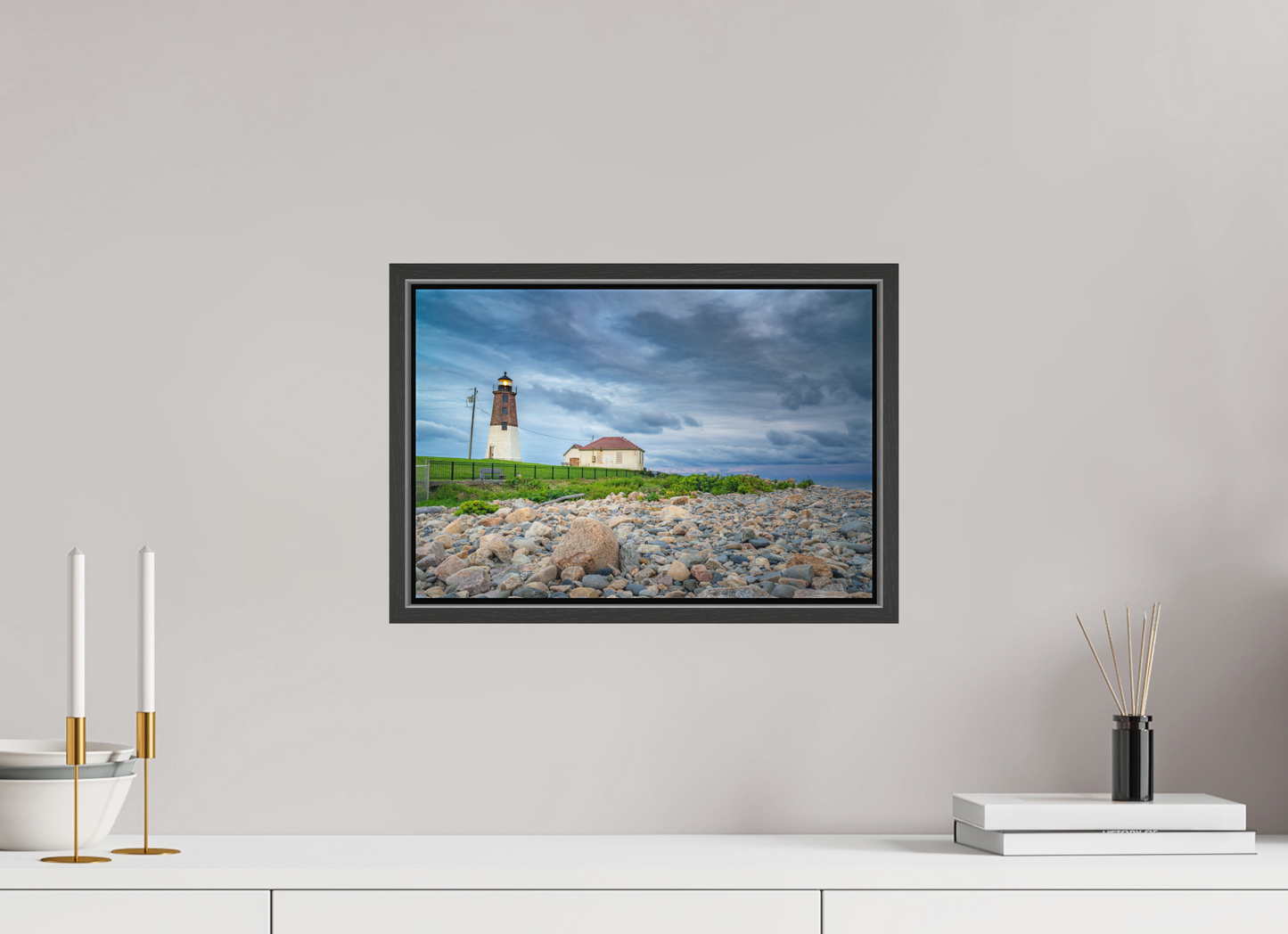15 x 10″, Matte Canvas Print with Black Wood Floater Frame The Point Judith Lighthouse