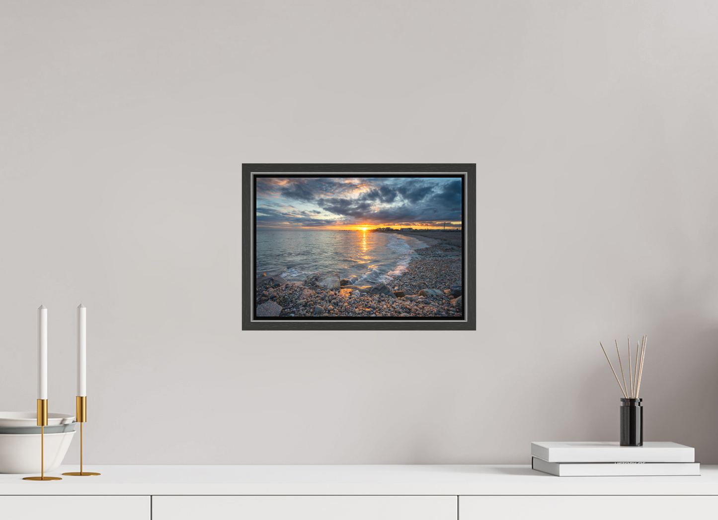 12 x 8″, Matte Canvas Print with Black Wood Floater Frame Roger Wheeler State Beach Sunset