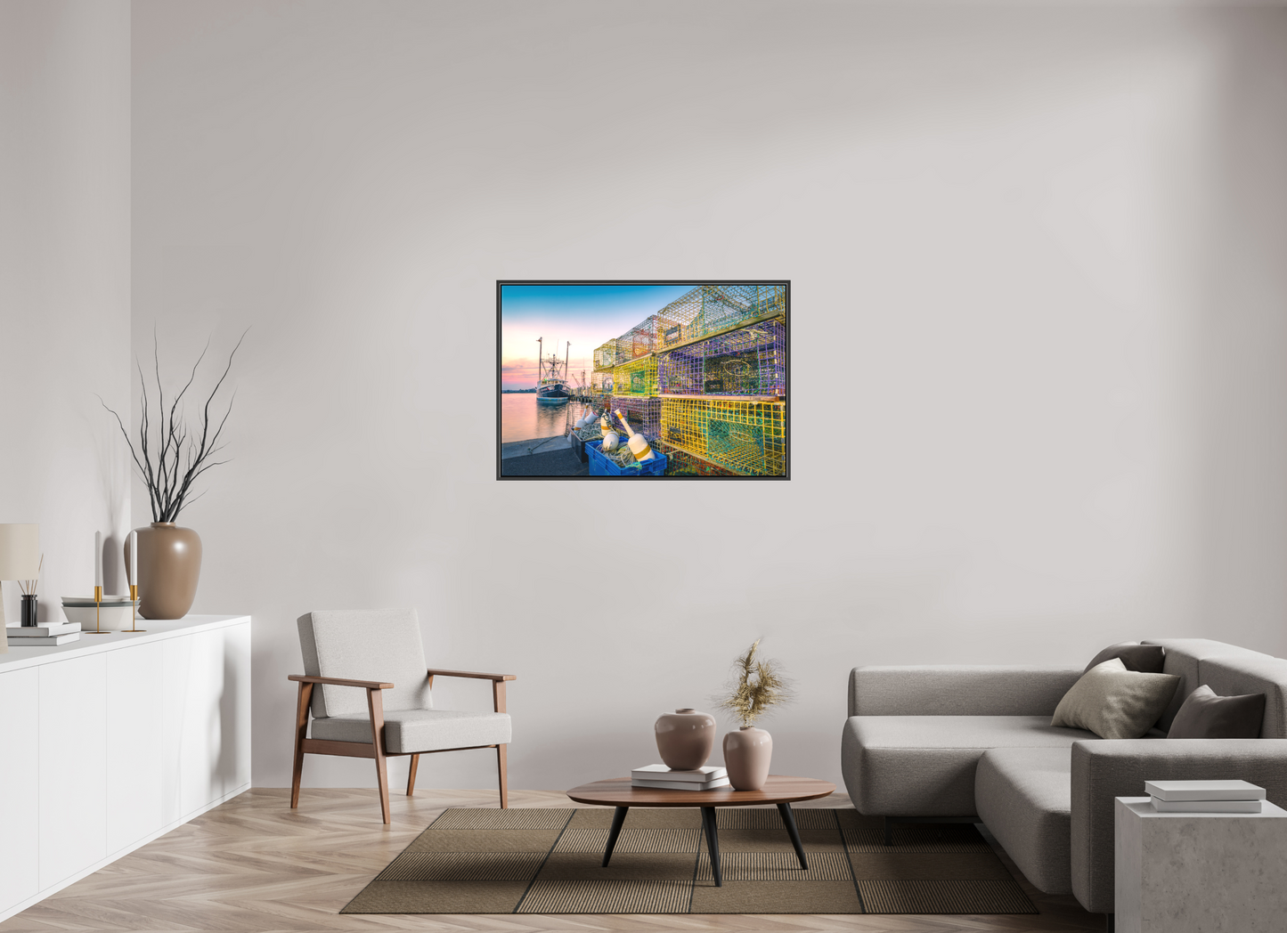 45 x 30″, Matte Canvas Print with Black Wood Floater Frame A Wall of Colorful Lobster Pots