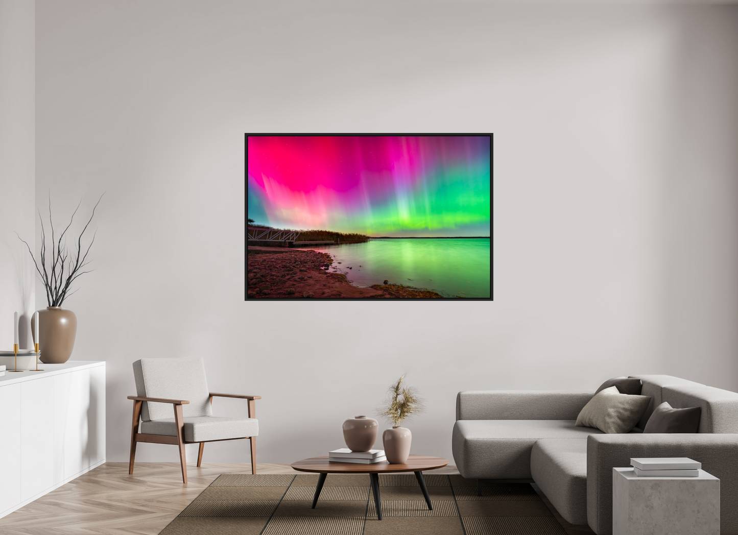 66 x 44″, ChromaLuxe HD Metal Print with Black Wood Floater Frame Aurora Borealis Over Wordens Pond