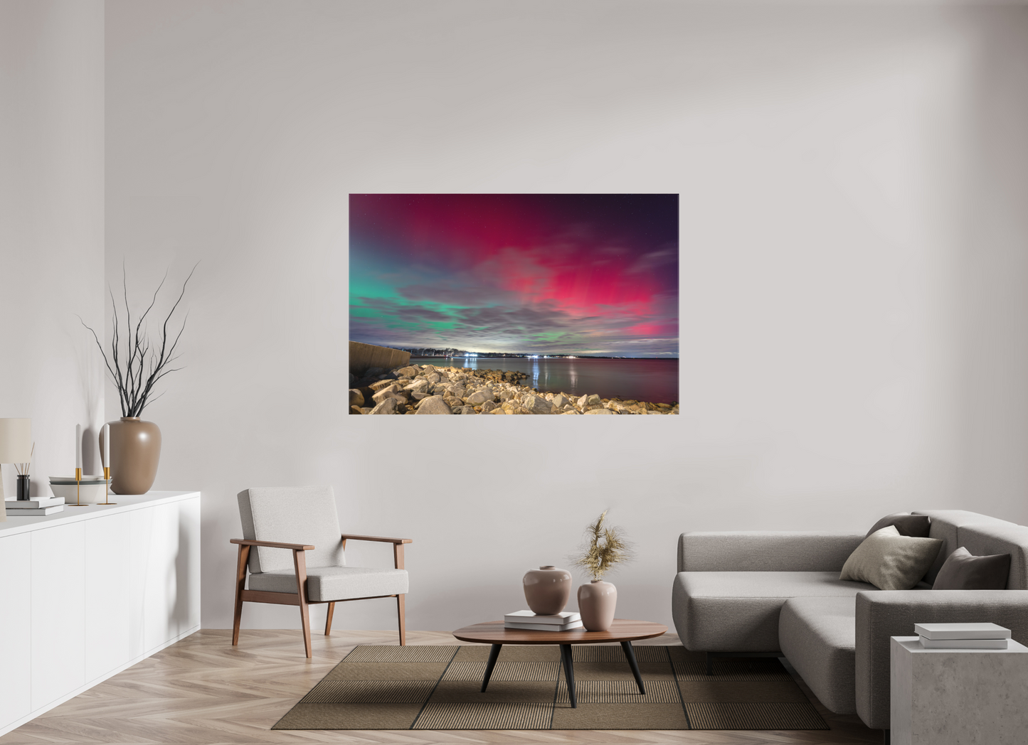 66 x 44″, Matte Canvas Print The Aurora Borealis over Narragansett Beach