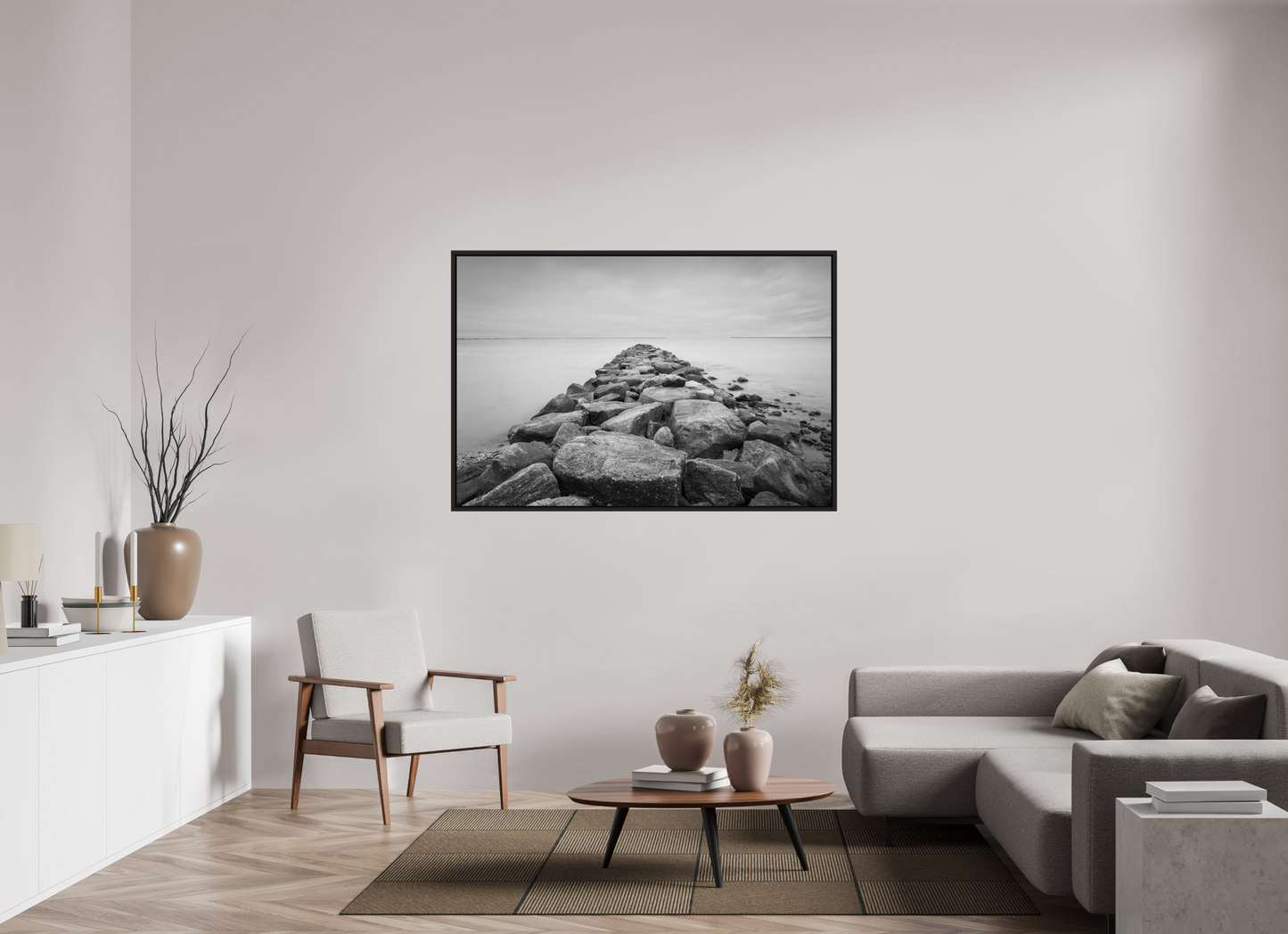 60 x 40″, ChromaLuxe HD Metal Print with Black Wood Floater Frame Sand Hill Cove Rocks