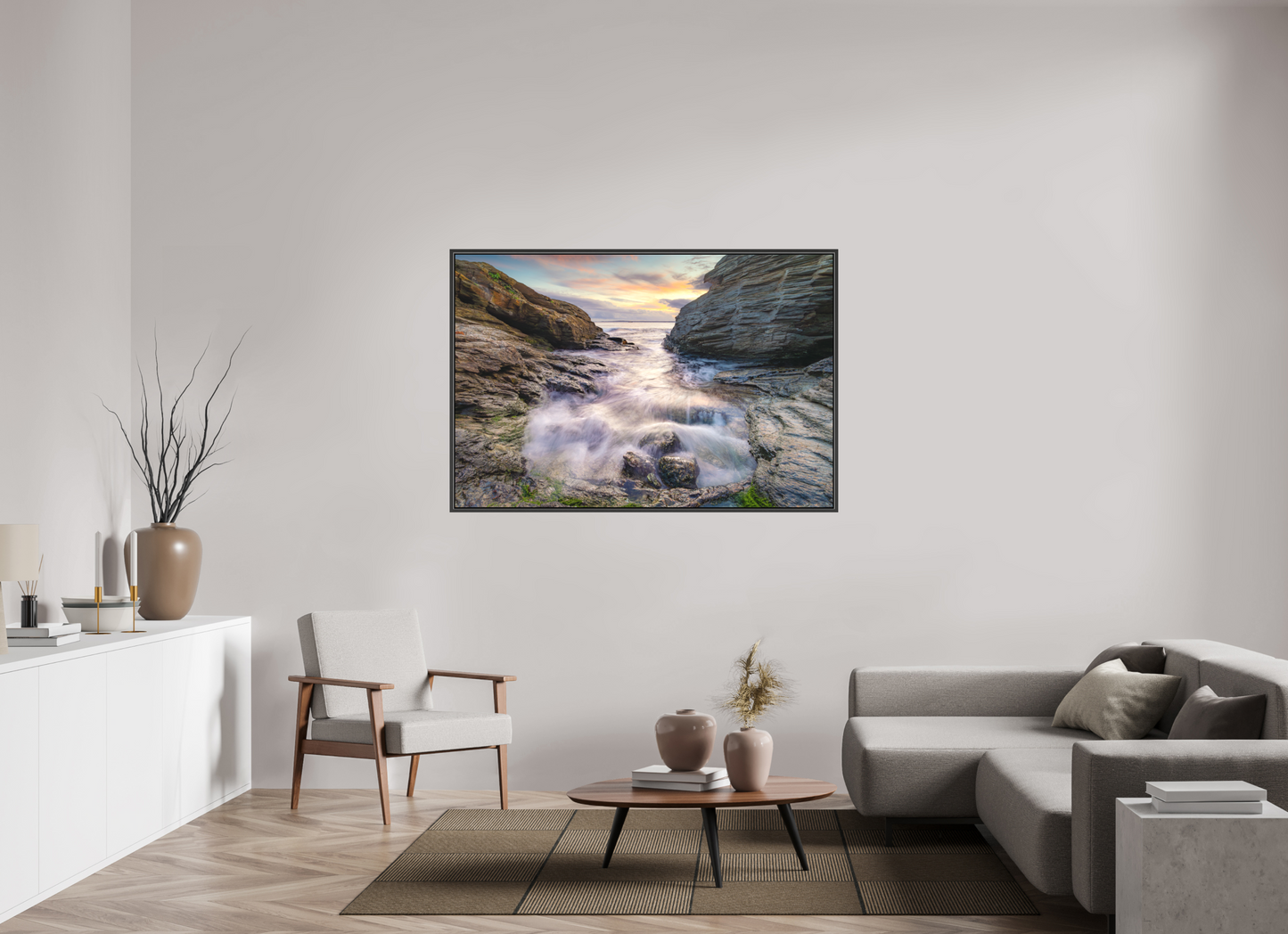 60 x 40″, Matte Canvas Print with Black Wood Floater Frame Waves Approaching