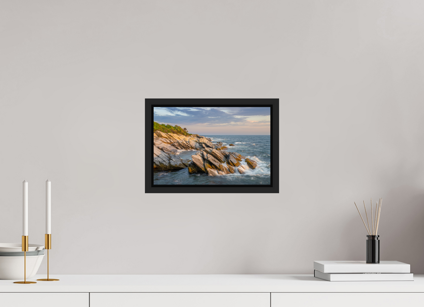 12 x 8″, Premium Photo Print under Acrylic Glass with Black Wood Floater Frame Beavertail Cliffs Approaching Sunset