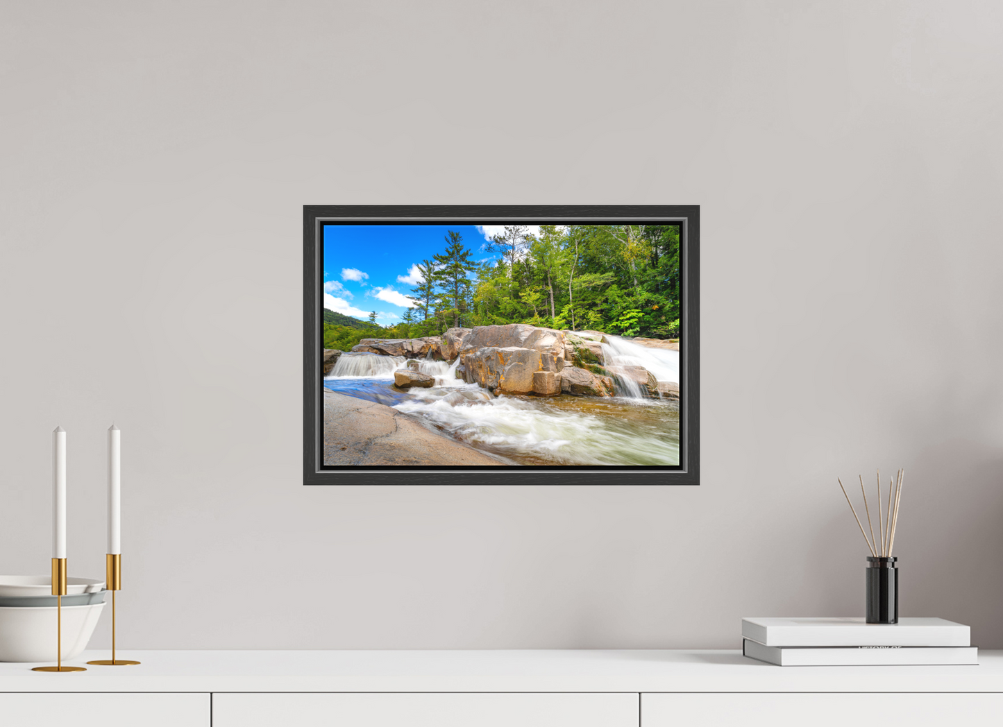 15 x 10″, Matte Canvas Print with Black Wood Floater Frame Kancamagus Waterfall