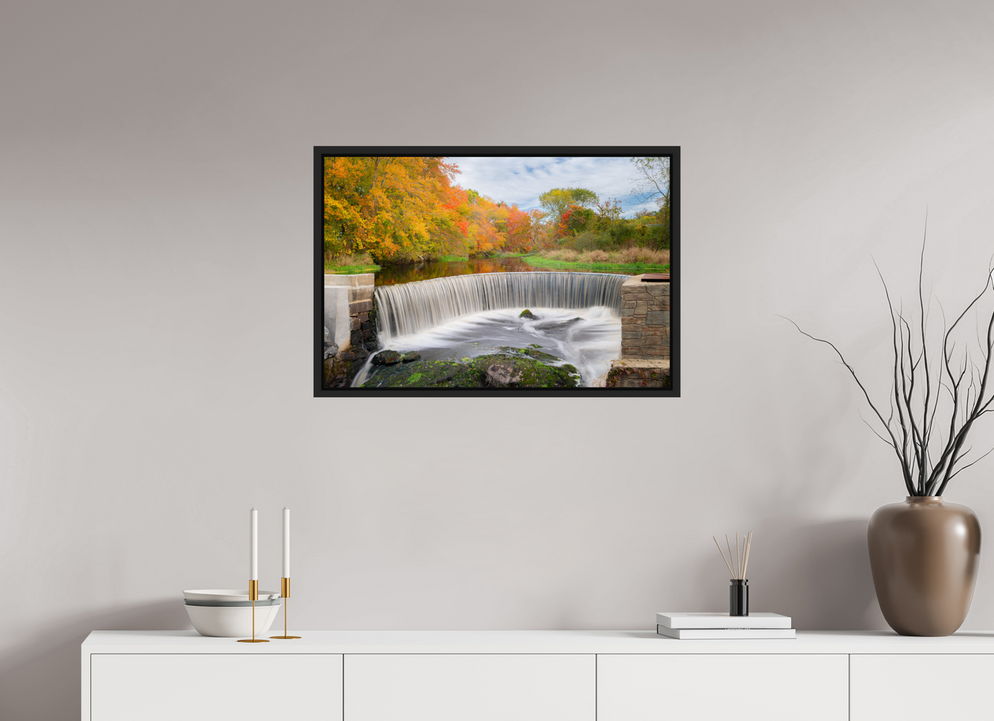 30 x 20″, ChromaLuxe HD Metal Print with Black Wood Floater Frame Autumn at Horseshoe Falls