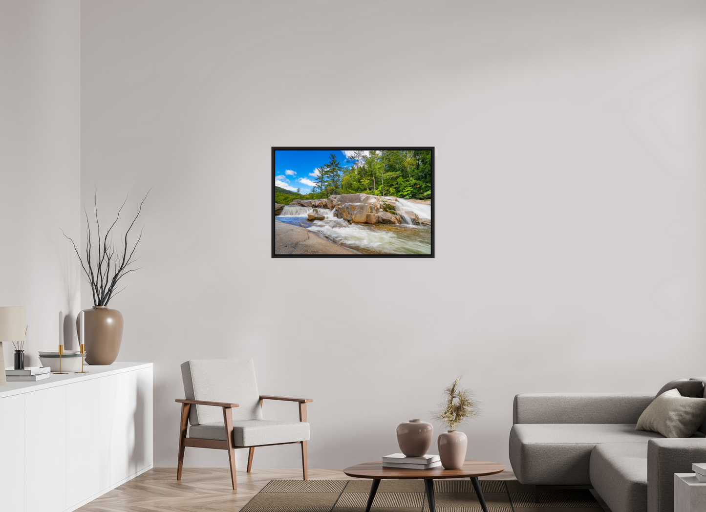 36 x 24″, Photo Print under Acrylic Glass with Black Wood Floater Frame Kancamagus Waterfall