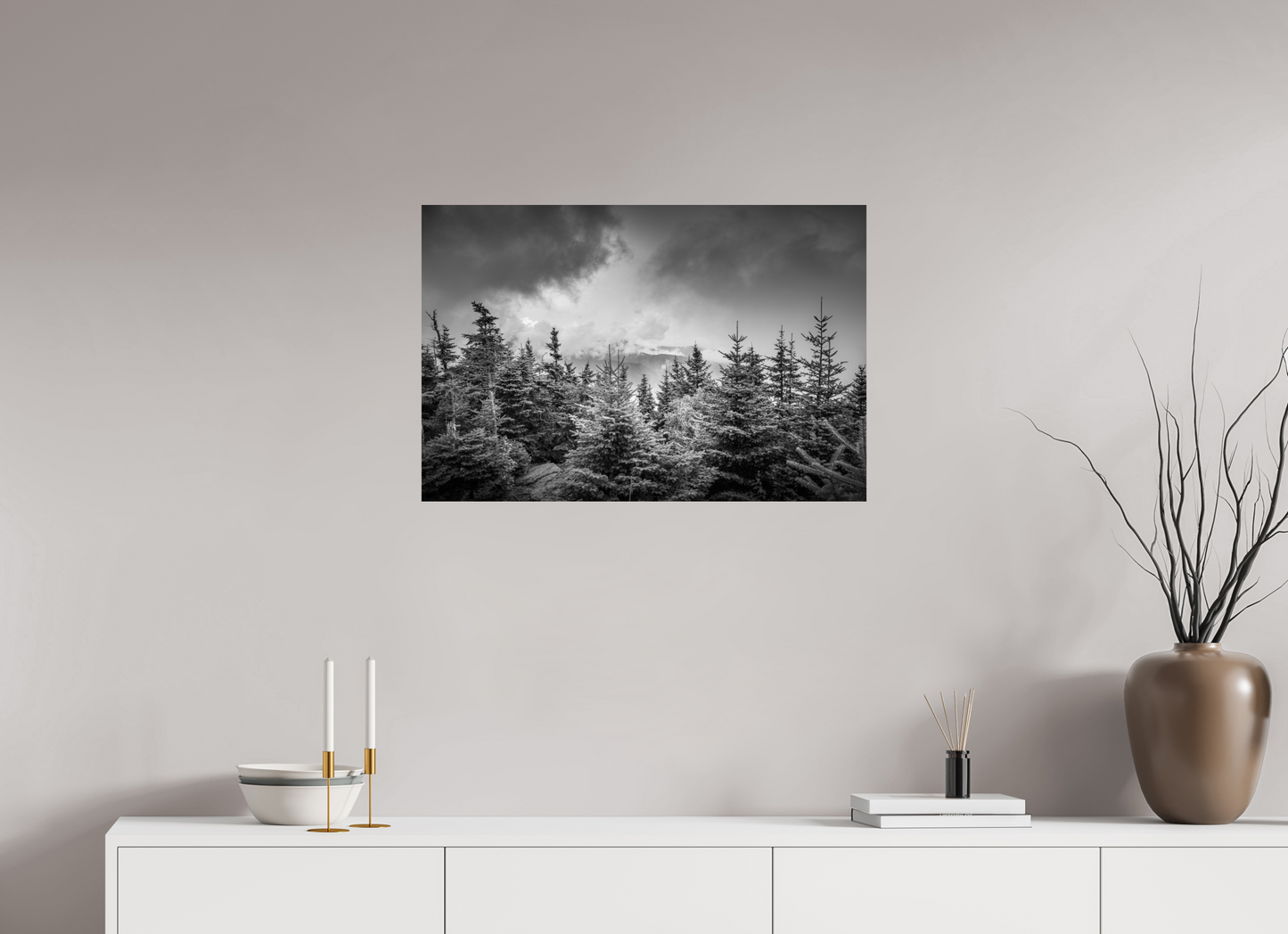 30 x 20″, ChromaLuxe HD Metal Print Pines in Mountain Clouds
