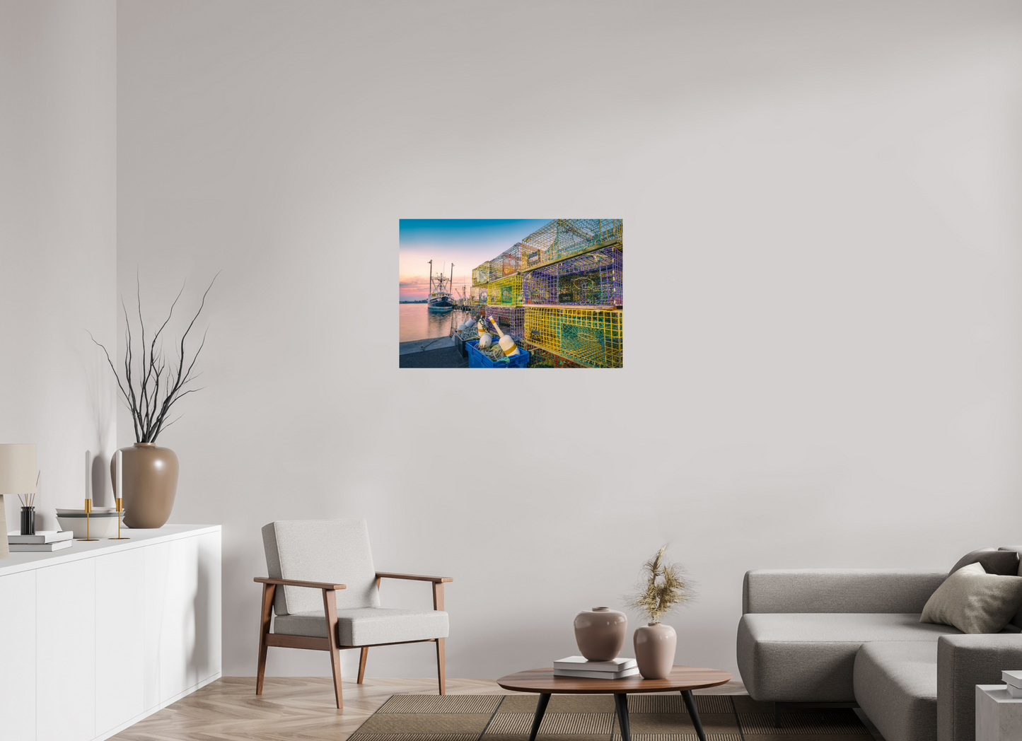 36 x 24″, Premium Photo Print on Fujiflex High Gloss Paper A Wall of Colorful Lobster Pots