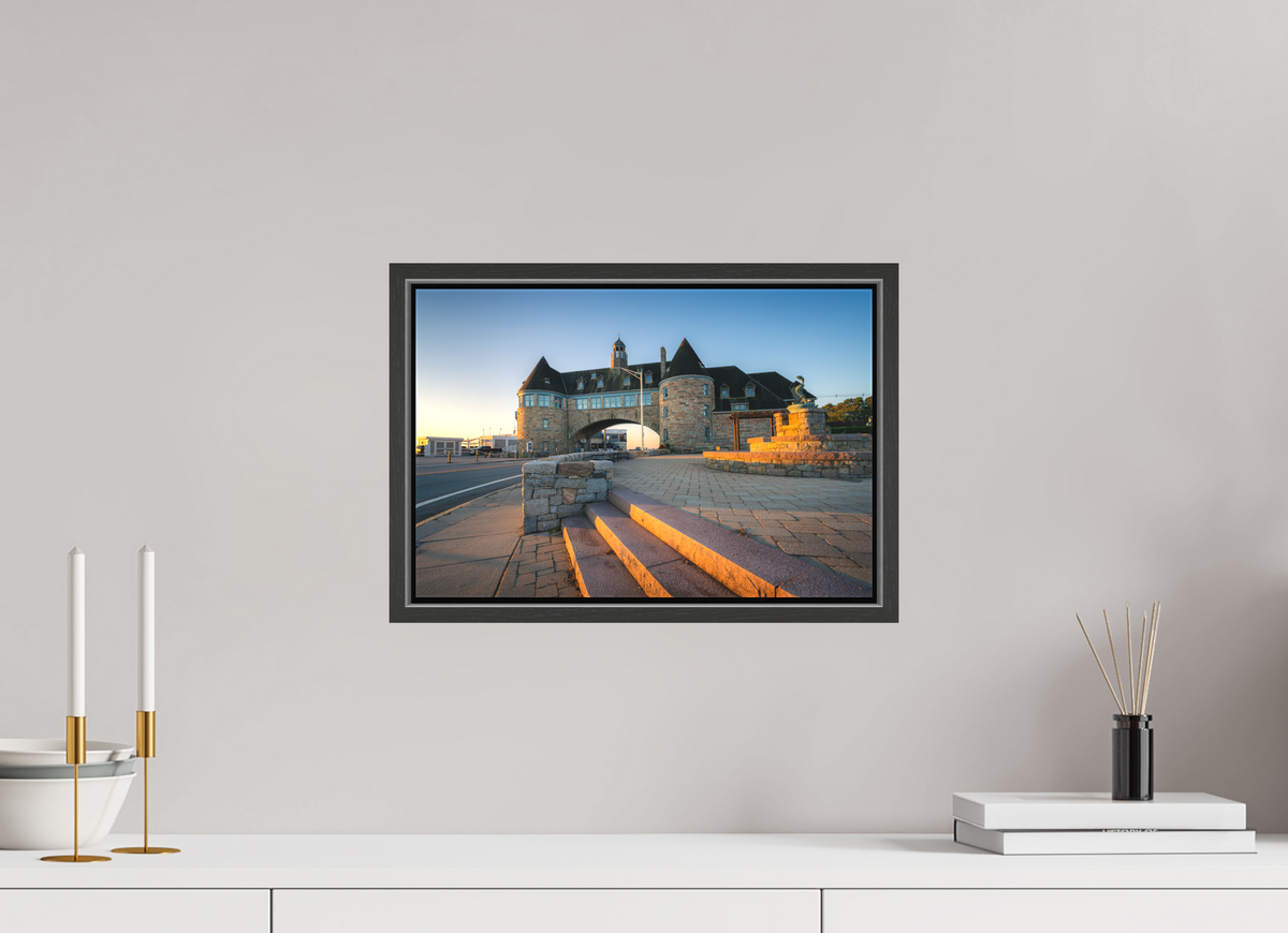 15 x 10″, Matte Canvas Print with Black Wood Floater Frame Golden Sunrise at The Towers