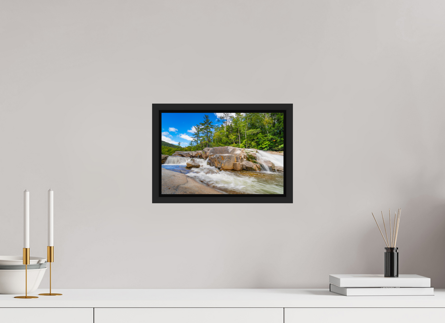 12 x 8″, ChromaLuxe HD Metal Print with Black Wood Floater Frame Kancamagus Waterfall