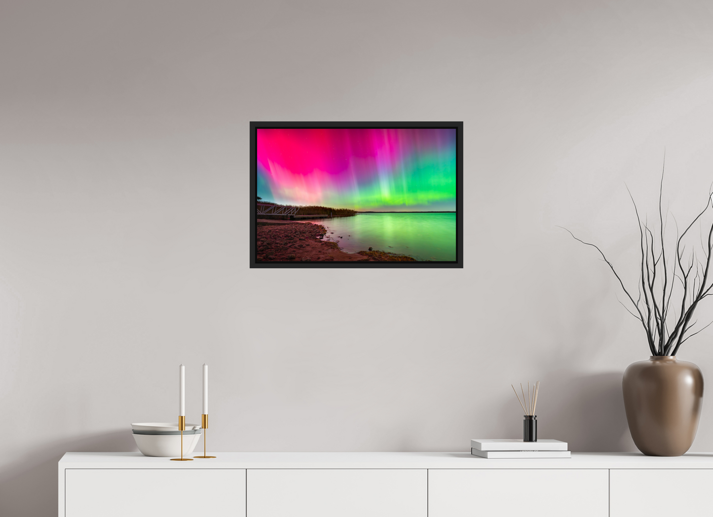 24 x 16″, Photo Print under Acrylic Glass with Black Wood Floater Frame Aurora Borealis Over Wordens Pond