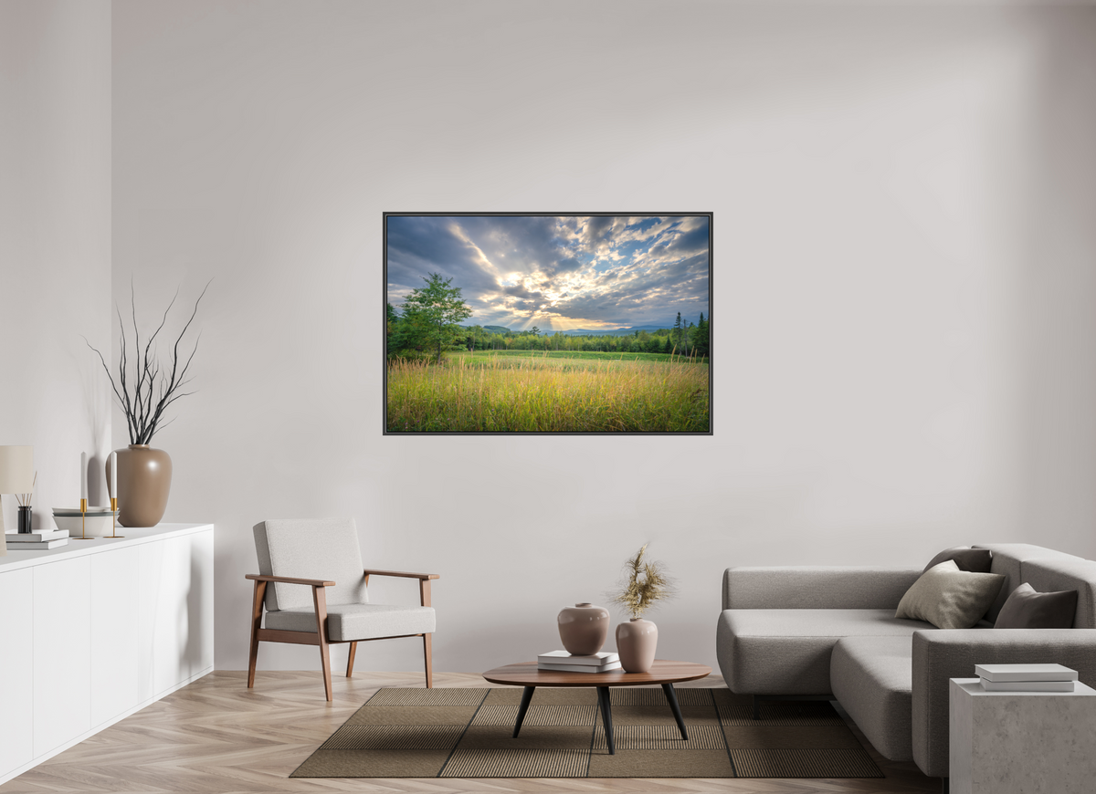 60 x 40″, Matte Canvas Print with Black Wood Floater Frame Mountain Sun Rays
