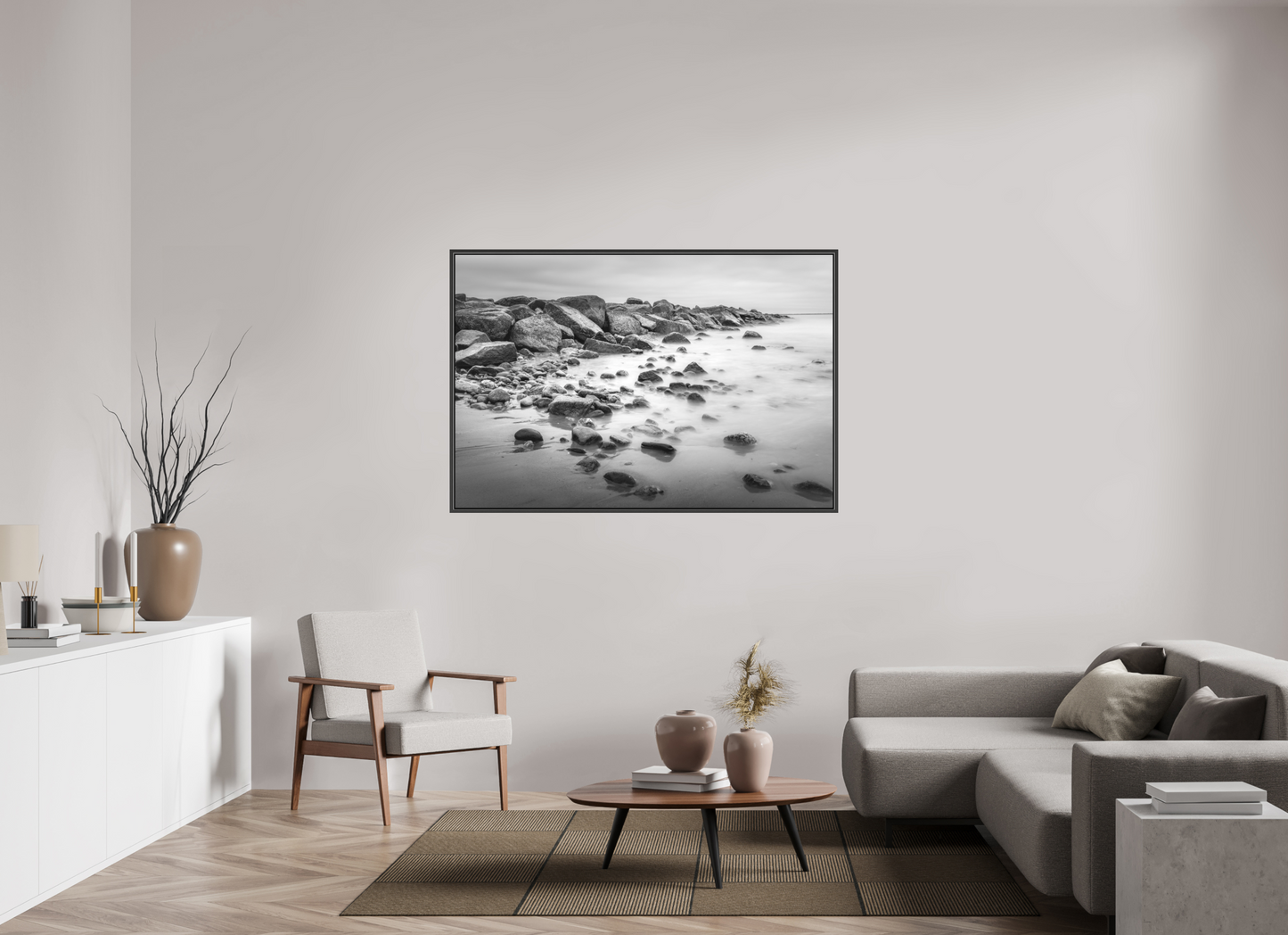 60 x 40″, Matte Canvas Print with Black Wood Floater Frame Overcast Morning at Sand Hill Cove