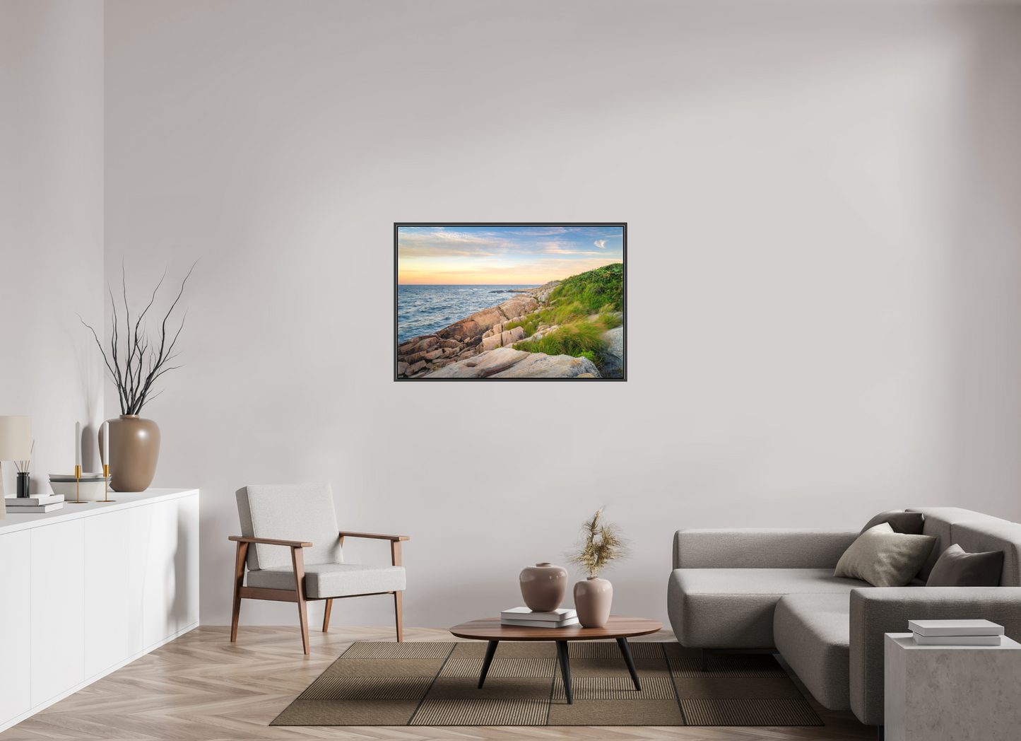45 x 30″, Matte Canvas Print with Black Wood Floater Frame Black Point before Sunset