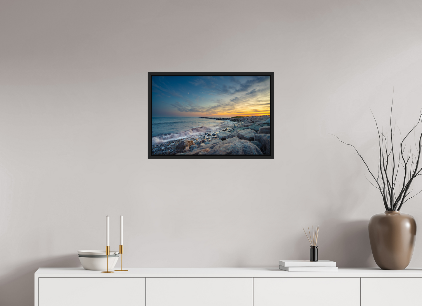 24 x 16″, Photo Print under Acrylic Glass with Black Wood Floater Frame Sunset at Camp Cronin