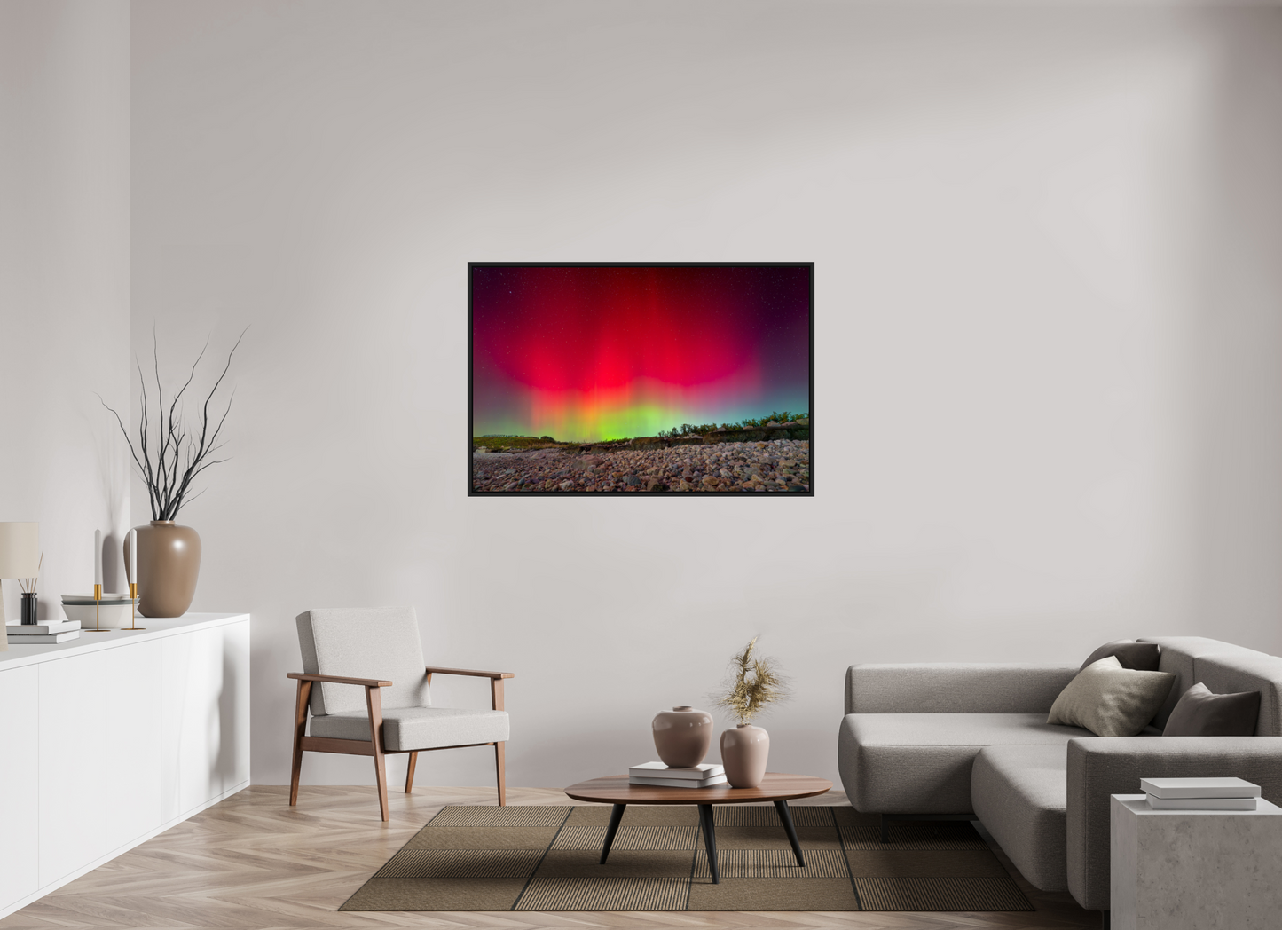 54 x 36″, Photo Print under Acrylic Glass with Black Wood Floater Frame Aurora Borealis at Camp Cronin