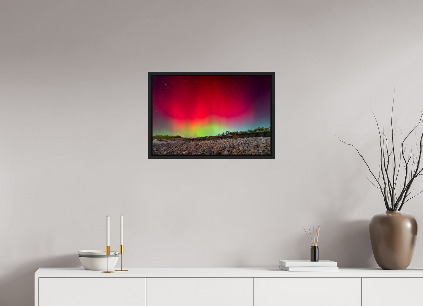 24 x 16″, Photo Print under Acrylic Glass with Black Wood Floater Frame Aurora Borealis at Camp Cronin