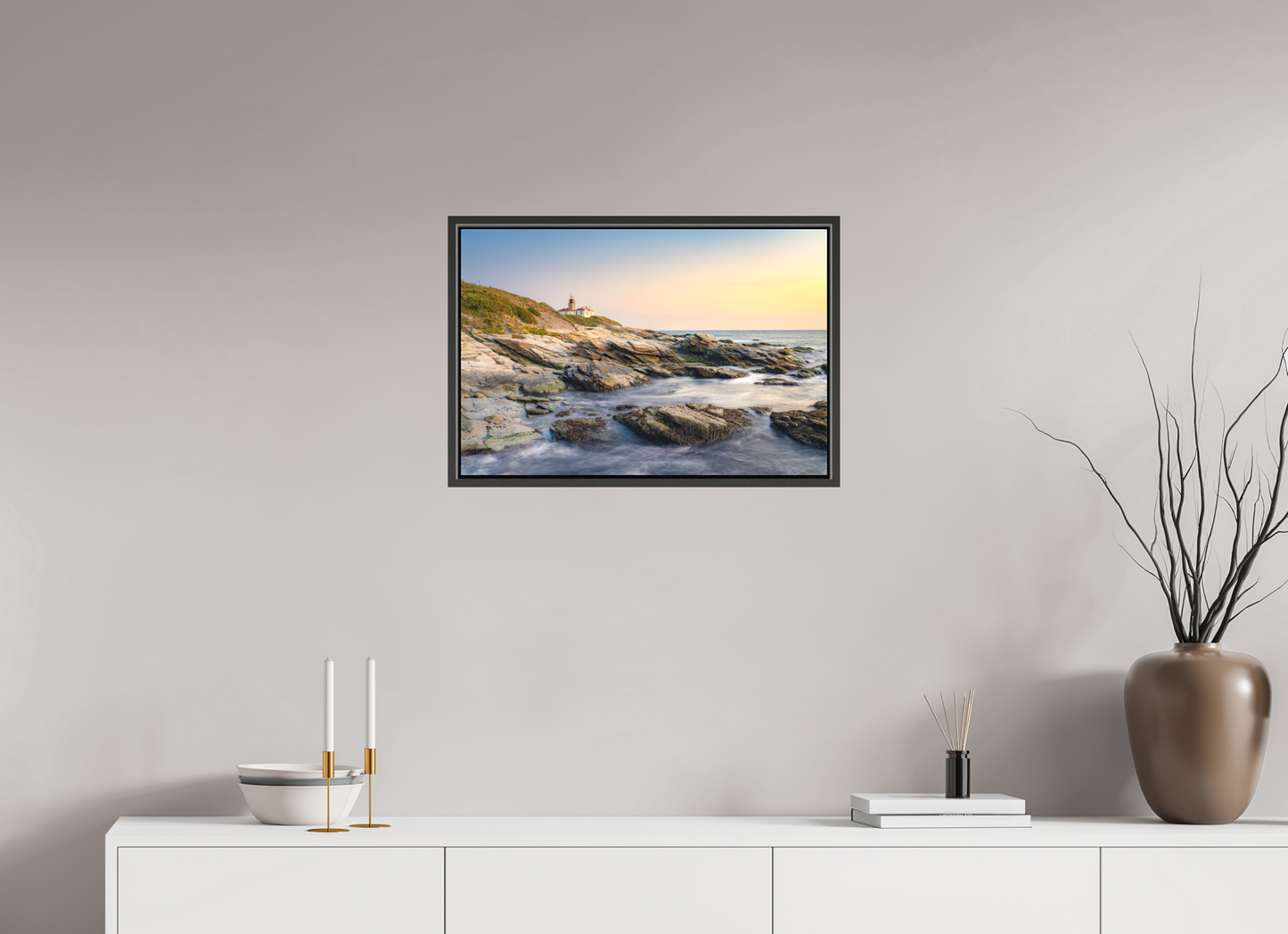 24 x 16″, Matte Canvas Print with Black Wood Floater Frame Quiet Sunset at Beavertail Lighthouse