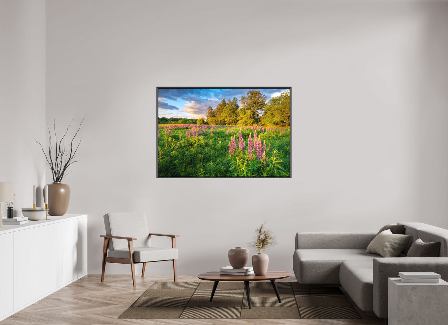 60 x 40″, Matte Canvas Print with Black Wood Floater Frame Lupines at Golden Hour