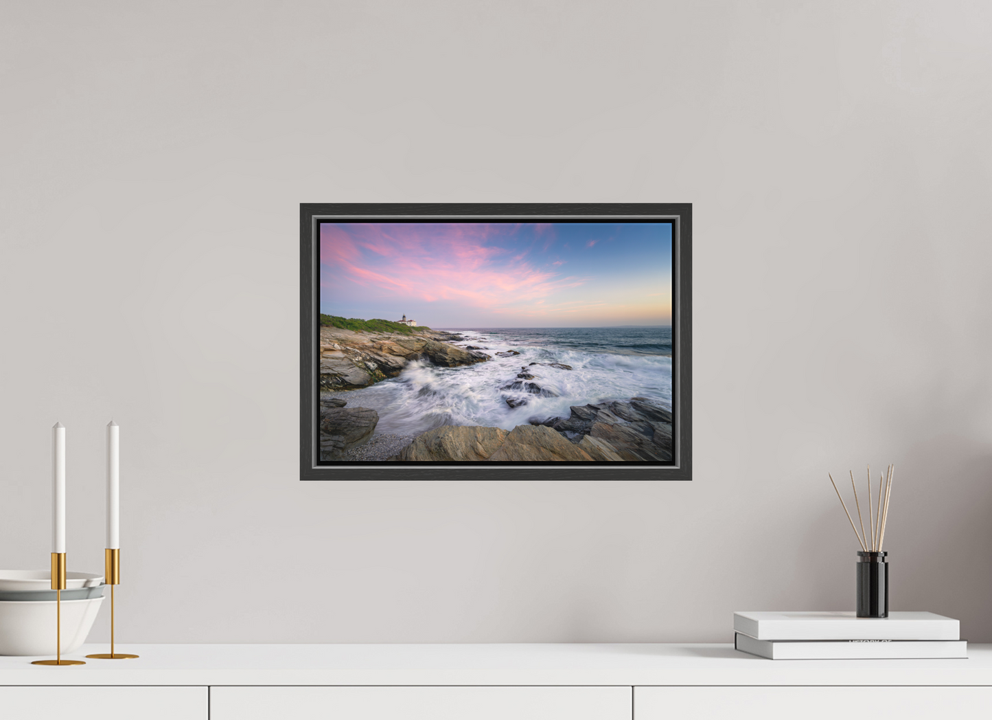 15 x 10″, Matte Canvas Print with Black Wood Floater Frame Rough Seas at Sunset