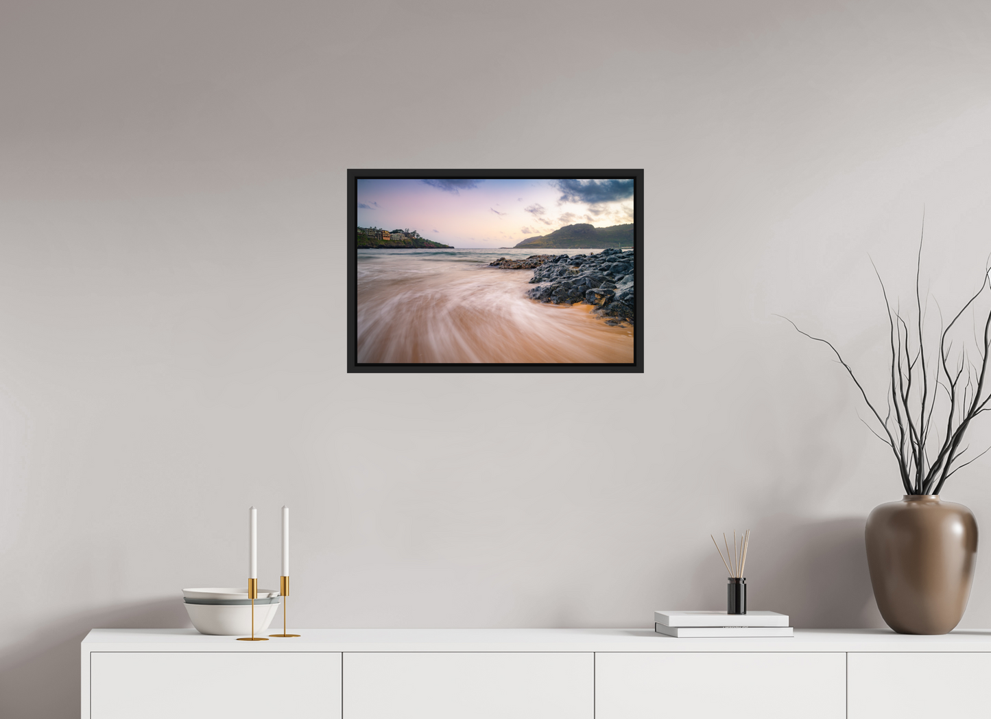 24 x 16″, Photo Print under Acrylic Glass with Black Wood Floater Frame Waves Retreating