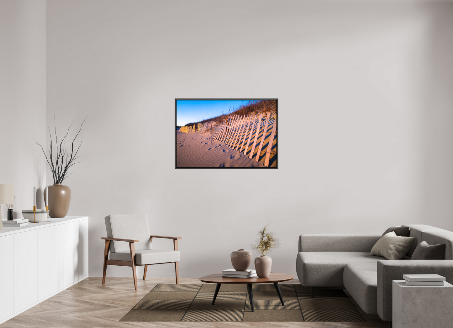 45 x 30″, Matte Canvas Print with Black Wood Floater Frame Sunset Glow on Sand Hill Cove Dunes