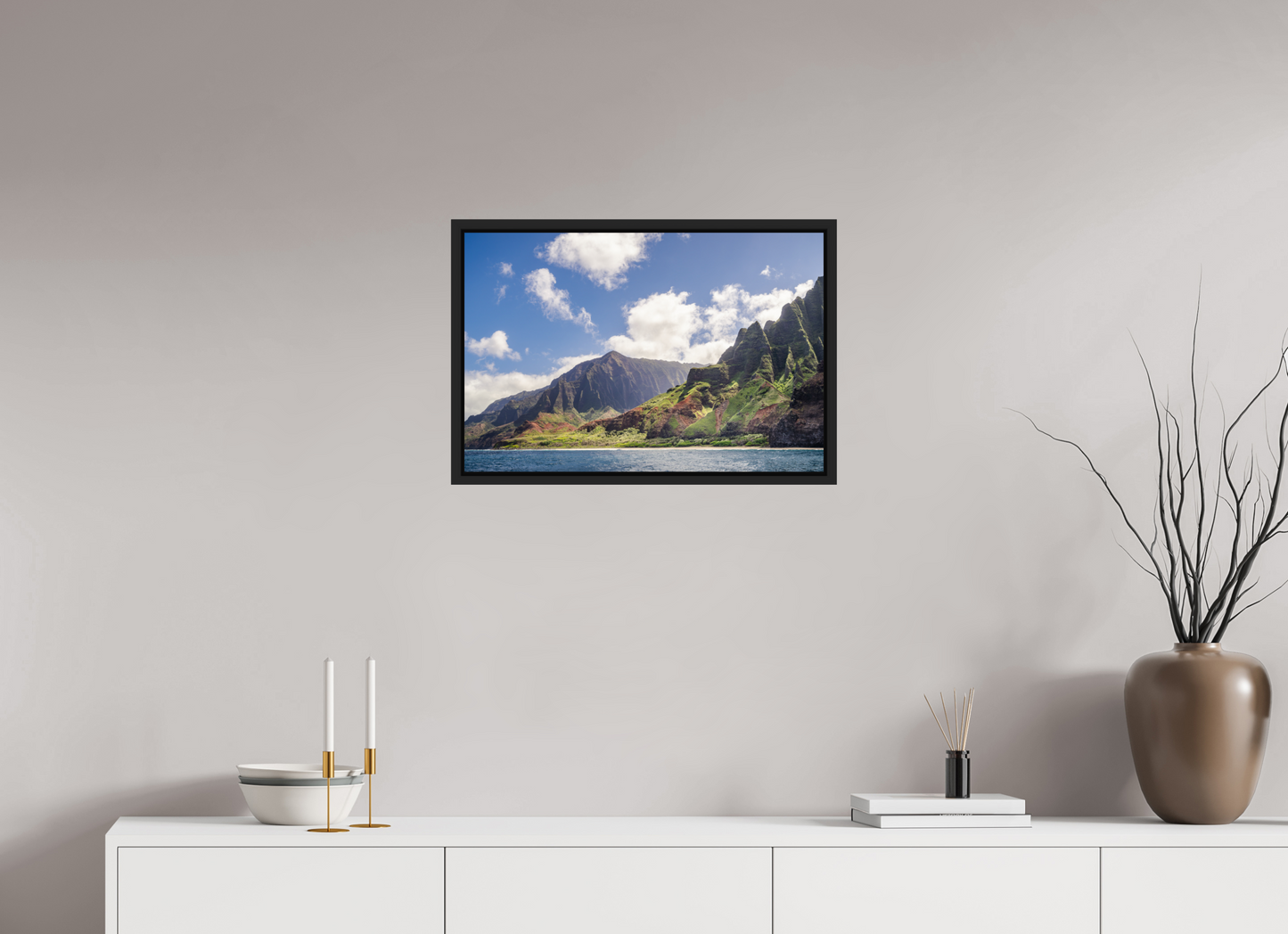 24 x 16″, Photo Print under Acrylic Glass with Black Wood Floater Frame The Napali Coast