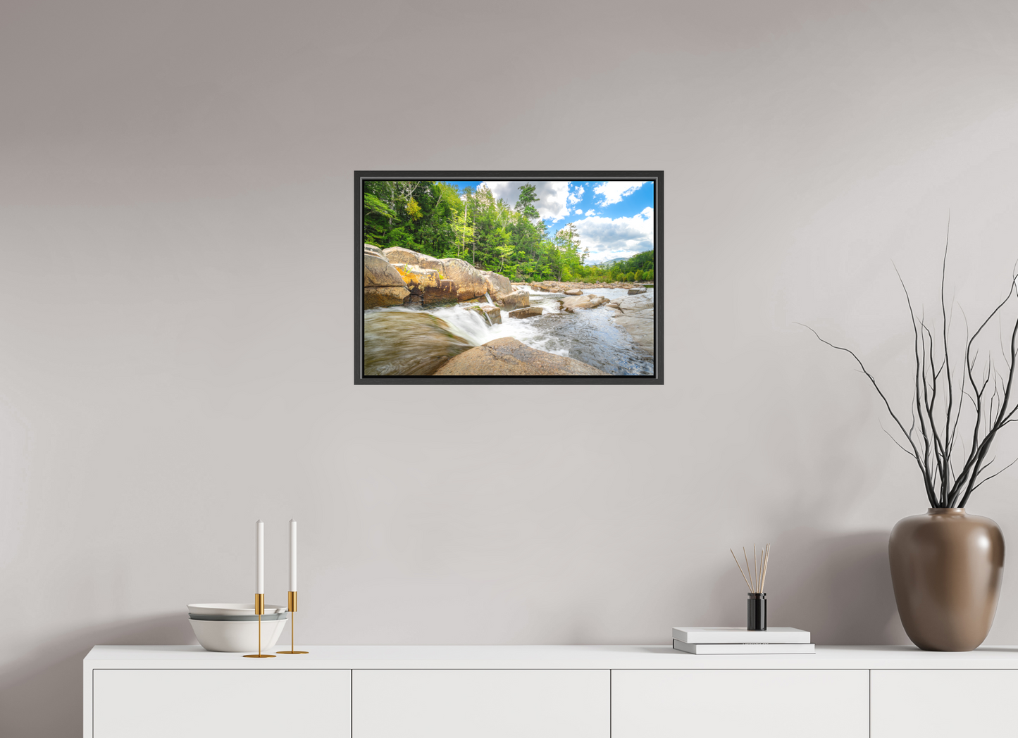 24 x 16″, Matte Canvas Print with Black Wood Floater Frame Over the Falls