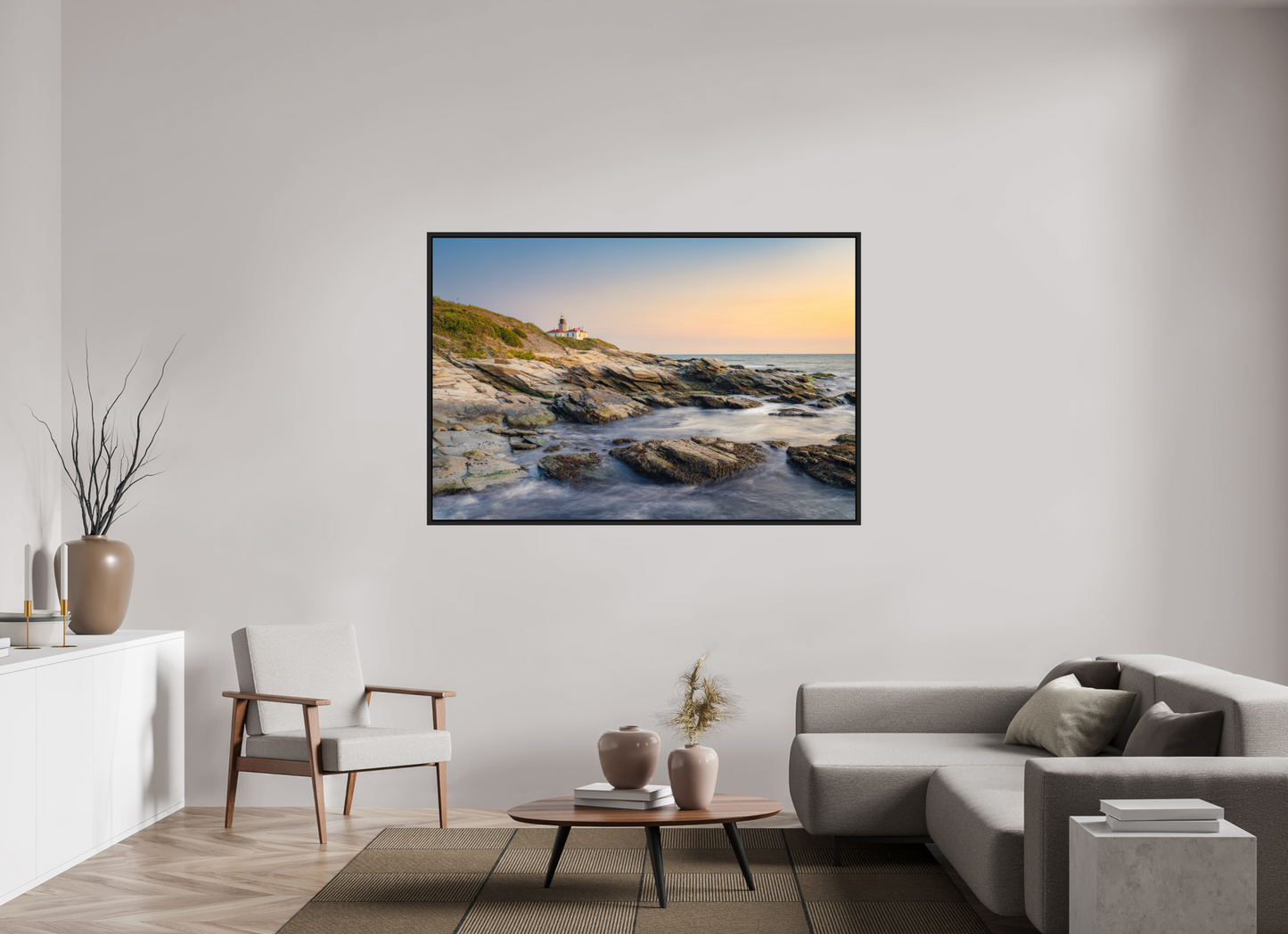 66 x 44″, Premium Photo Print under Acrylic Glass with Black Wood Floater Frame Quiet Sunset at Beavertail Lighthouse