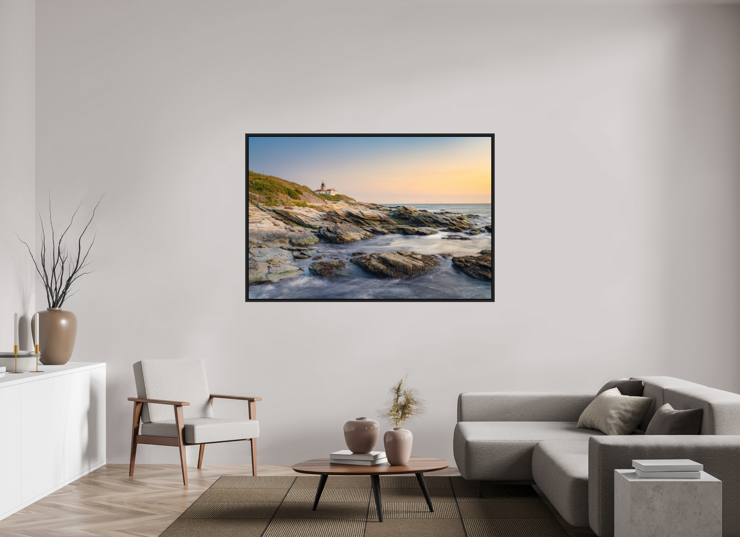 66 x 44″, Premium ChromaLuxe HD Aluminum Metal Print with Black Wood Floater Frame Quiet Sunset at Beavertail Lighthouse