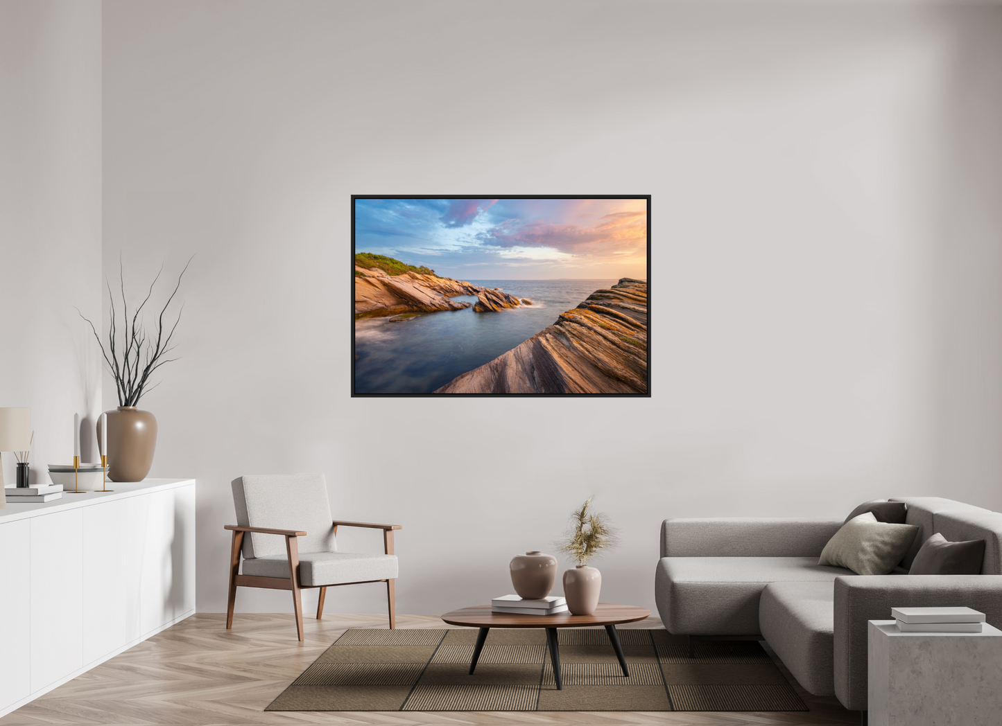 60 x 40″, Premium Photo Print under Acrylic Glass with Black Wood Floater Frame Favorite Spot at Beavertail