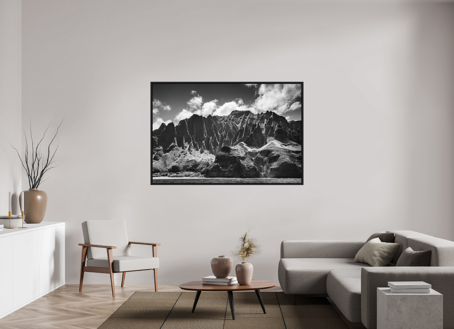 66 x 44″, ChromaLuxe HD Metal Print with Black Wood Floater Frame Rugged Coastline Along the Napali Coast