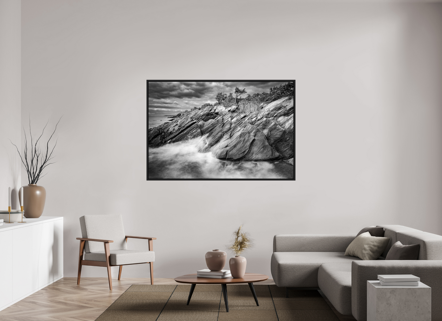 66 x 44″, ChromaLuxe HD Metal Print with Black Wood Floater Frame Rough Seas Against Beavertail Cliffs