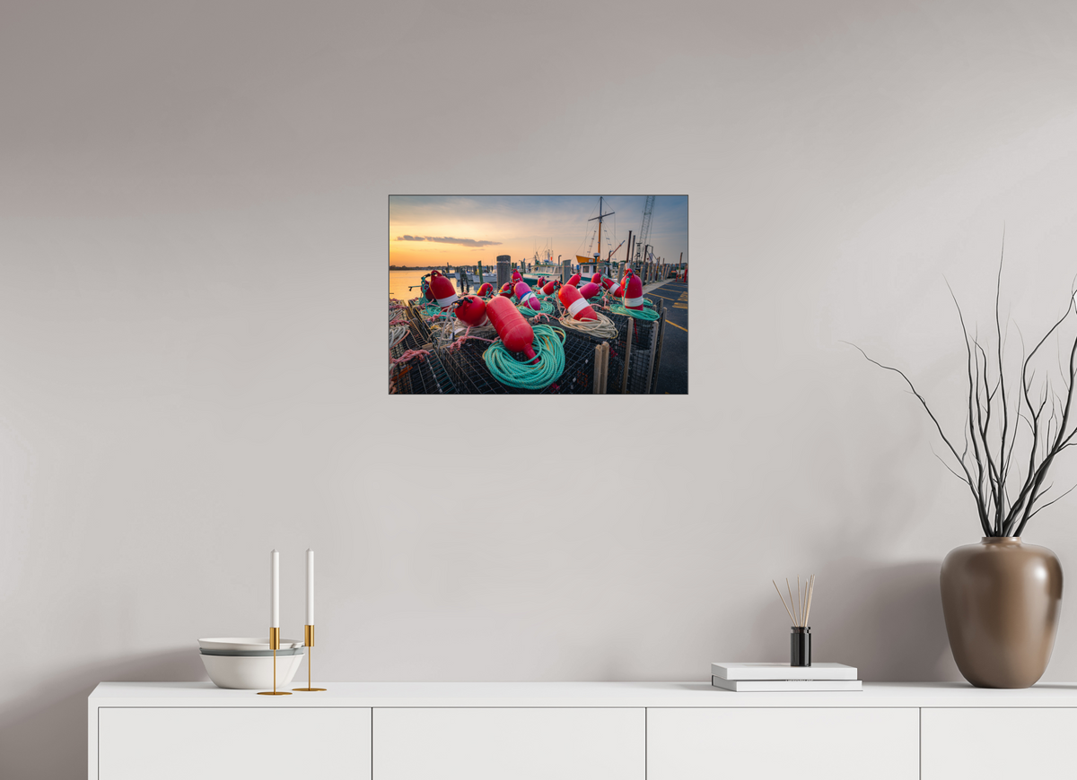 24 x 16″, Premium Photo Print under Acrylic Glass with Black Slimline Case Buoys, Boats, and Lobster Pots