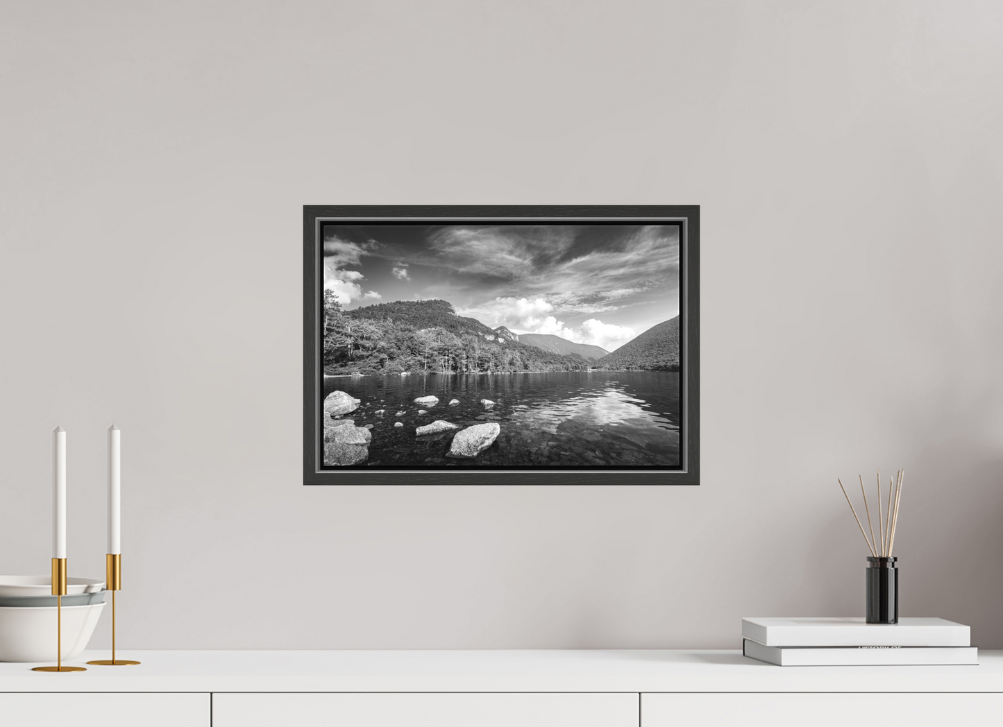 15 x 10″, Matte Canvas Print with Black Wood Floater Frame Overlooking Echo Lake
